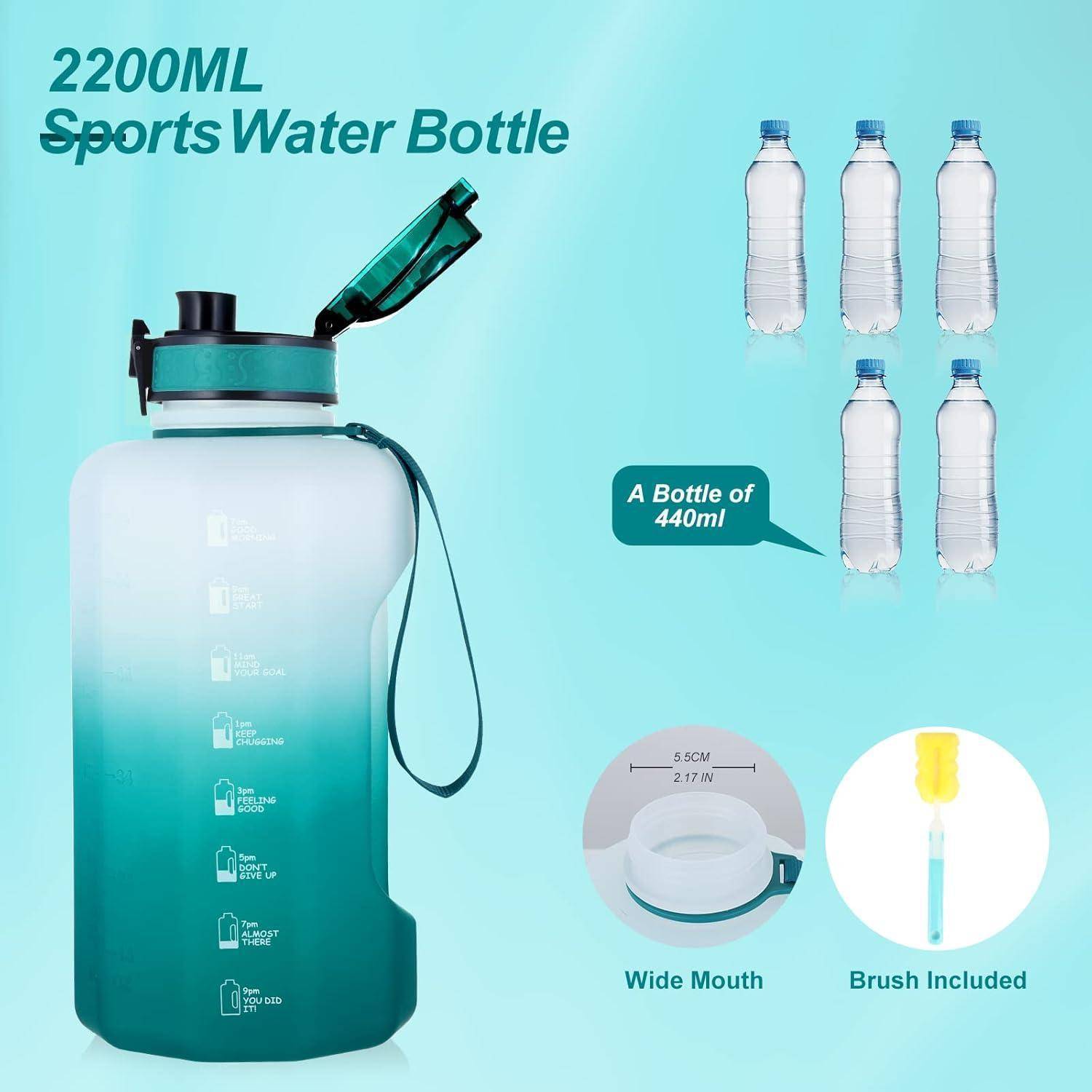 Trinkflasche 2.2L BPAfrei Auslaufsicher Zeitmarkierung Zyan