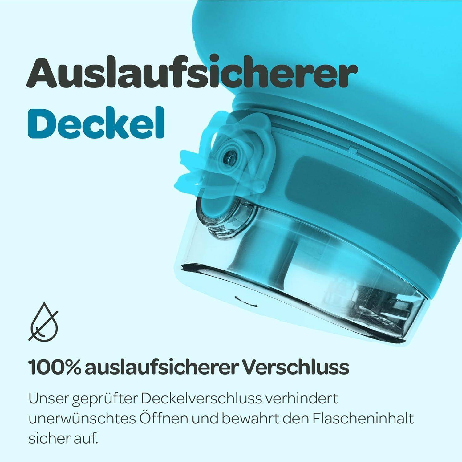 Eine Nahaufnahme eines auslaufsicheren Verschlussdesigns auf einer Flasche, mit deutschem Text, der einen sicheren, getesteten Verschluss zur Verhinderung versehentlichen Öffnens bewirbt.