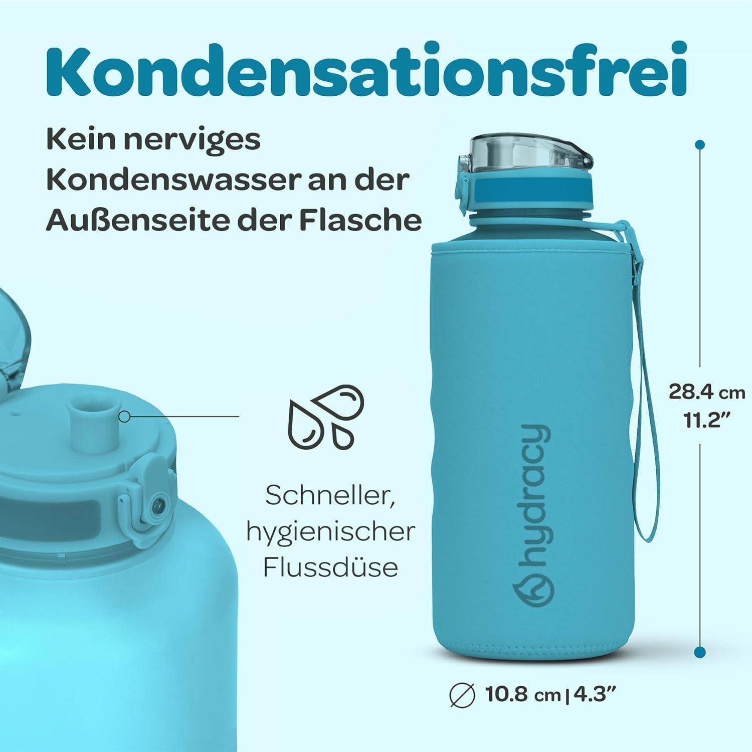 Eine wiederverwendbare Wasserflasche mit der Bezeichnung 'hydracy', mit Eigenschaften wie kondenswasserfreies Design, hygienischer Ausgussöffnung und Abmessungen von 28,4 cm Höhe und 10,8 cm Durchmesser.