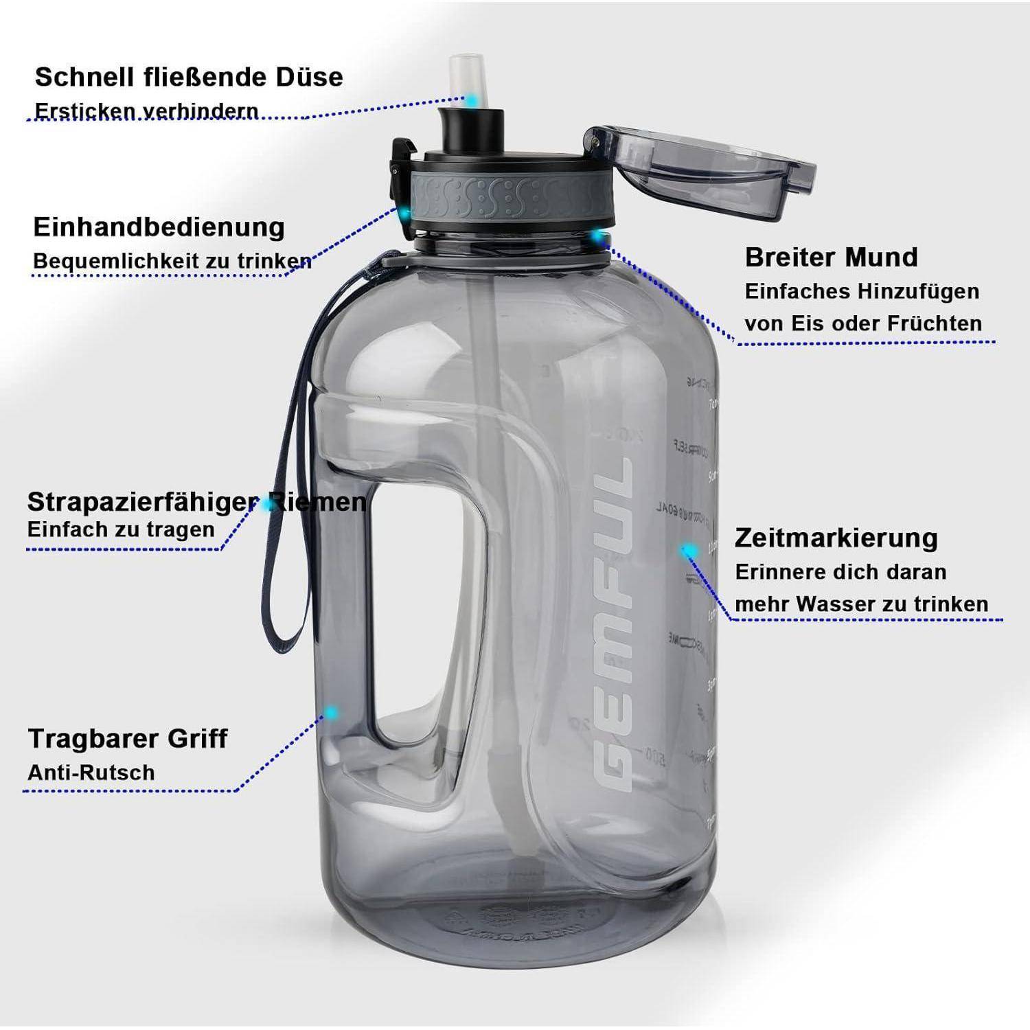 Sport Trinkflasche 3L Zeitmarkierung Strohhalm BPAfrei Grau