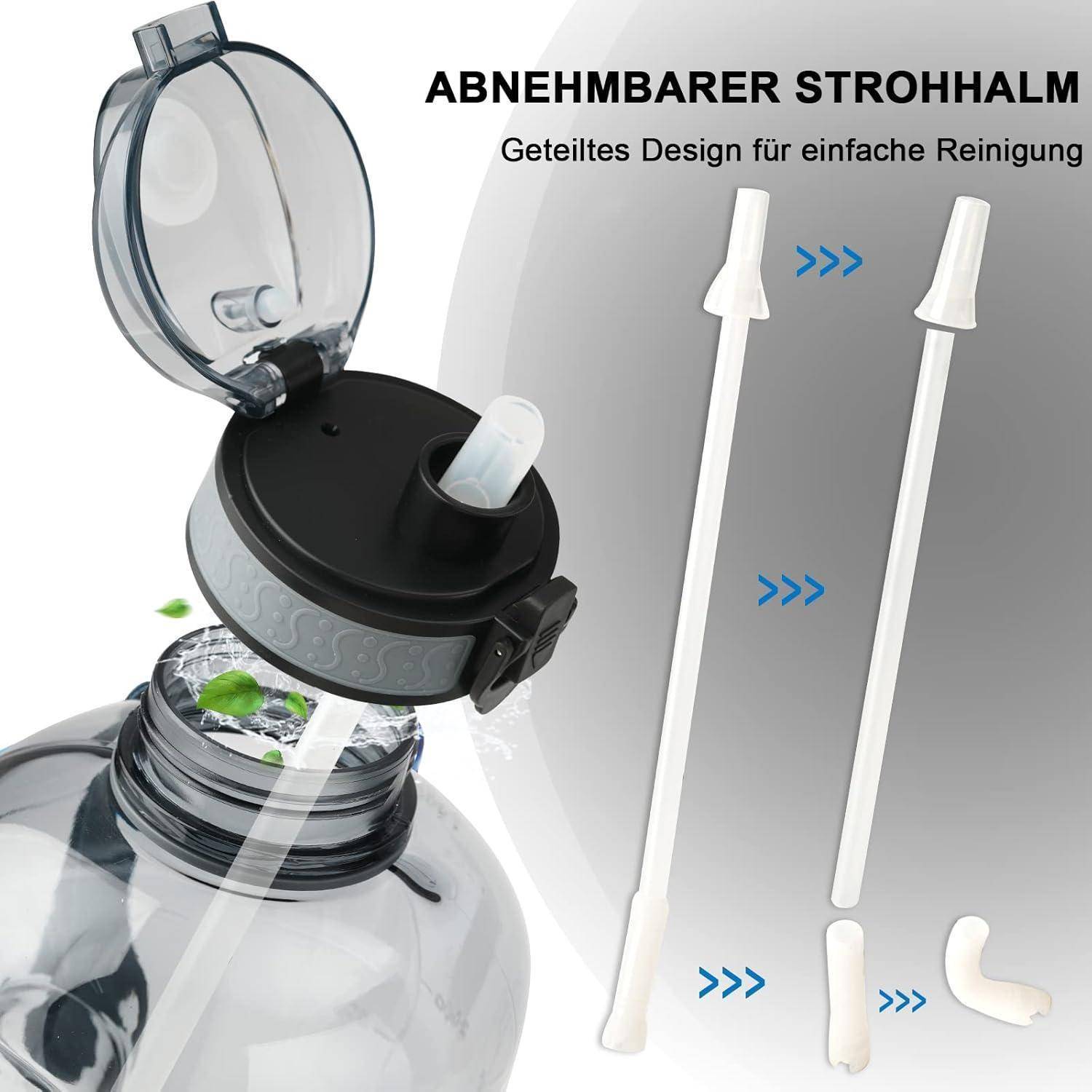 Sport Trinkflasche 3L Zeitmarkierung Strohhalm BPAfrei Grau