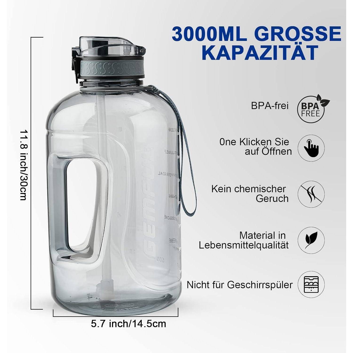 Sport Trinkflasche 3L Zeitmarkierung Strohhalm BPAfrei Grau