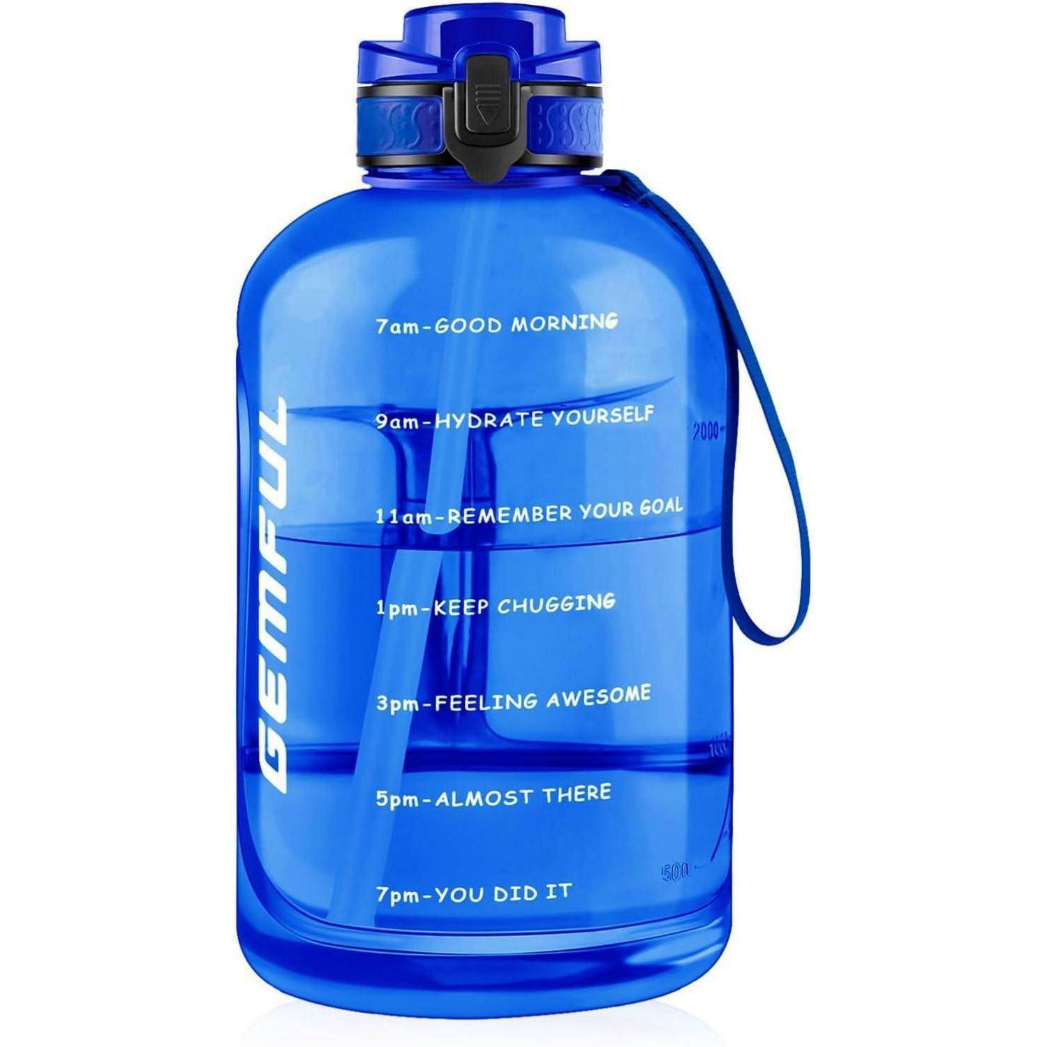 Eine blaue Wasserflasche, die mit stündlichen Motivationsbotschaften von 7 Uhr morgens bis 7 Uhr abends markiert ist, ermutigt zur Flüssigkeitszufuhr während des gesamten Tages.