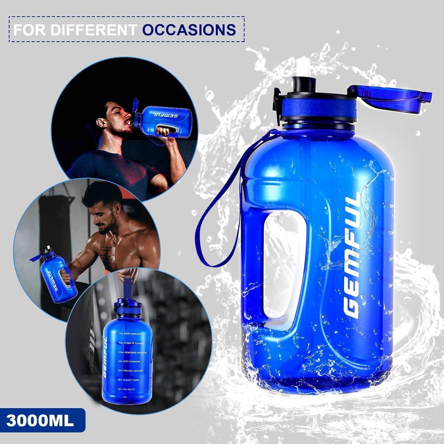 Eine große, blaue 3000ml Wasserflasche mit der Aufschrift 'GEMFUL' und einem angebrachten Deckel. Zeigt Menschen bei Fitnessaktivitäten, die den Schwerpunkt auf Hydration legen.