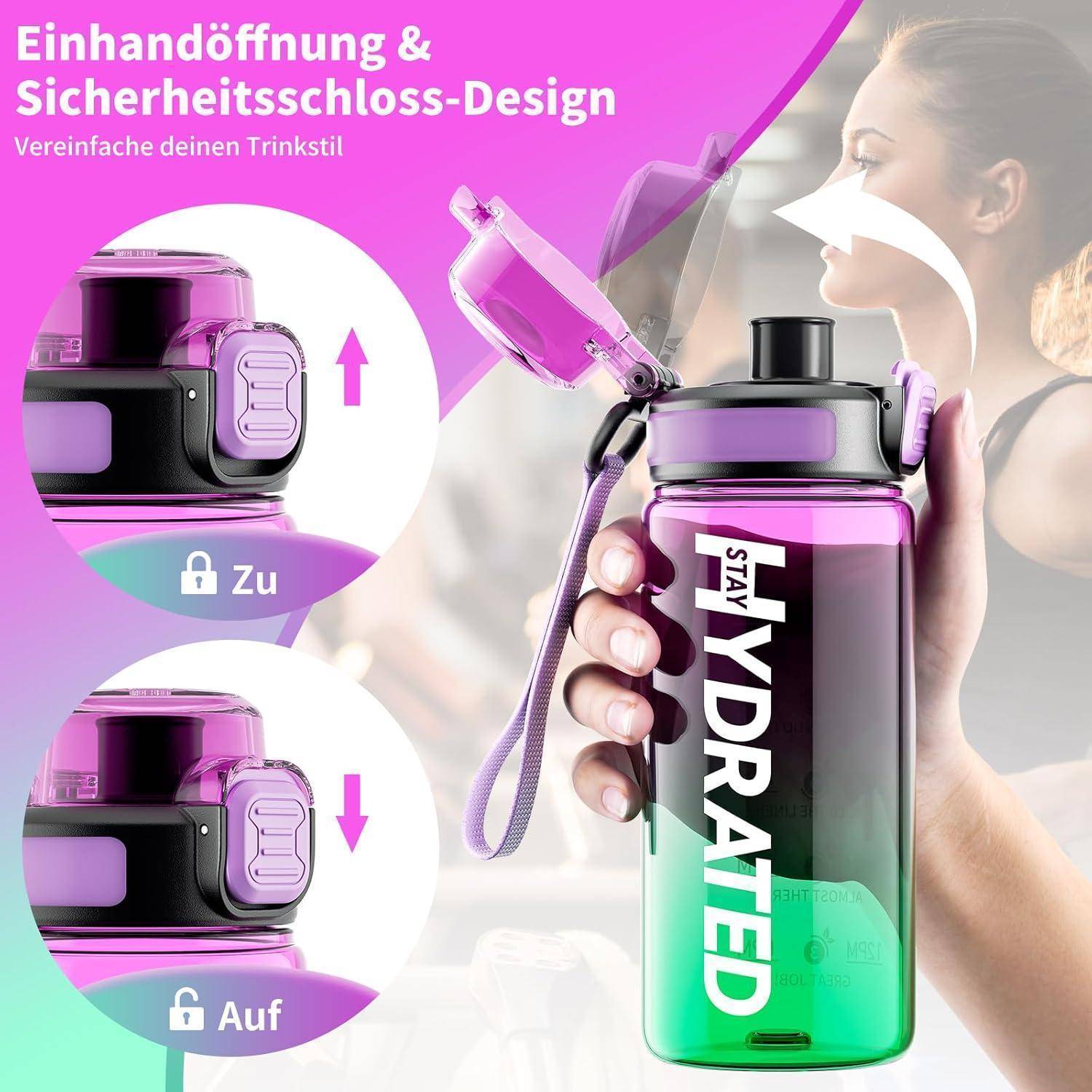 Eine Wasserflasche mit sicherem Verschlussdesign wird gezeigt. Sie hebt ein Einhand-Öffnungsfeature hervor und enthält eine Erinnerung 'Bleib hydriert'.