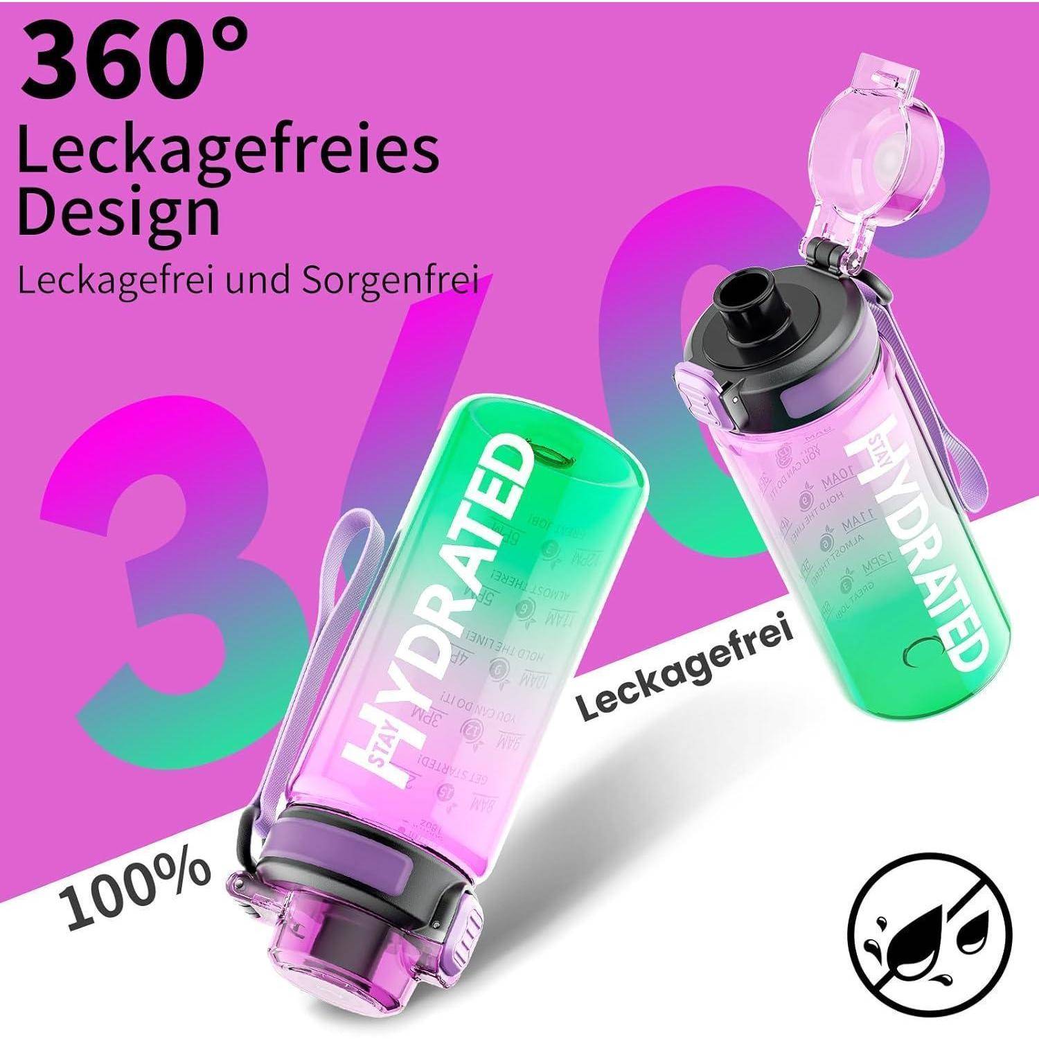 Zwei Wasserflaschen mit fett gedrucktem 'HYDRATED' an der Seite. Merkmale beschrieben als '360°-leckagefreies Design' und 'auslaufsicher und sorgenfrei'.