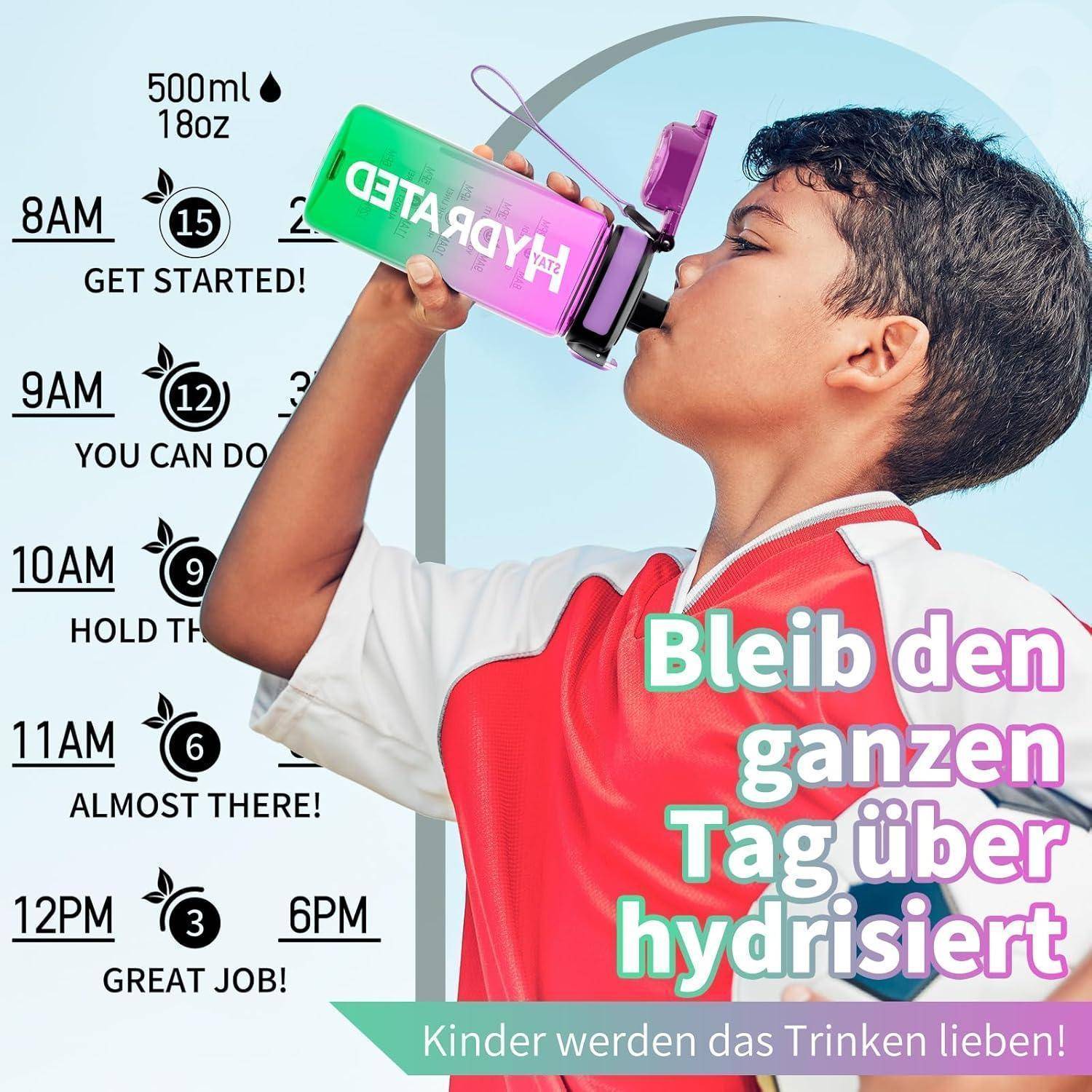 Ein junger Mensch trinkt aus einer markierten Wasserflache. Der deutsche Text lautet „Den ganzen Tag hydratisiert bleiben