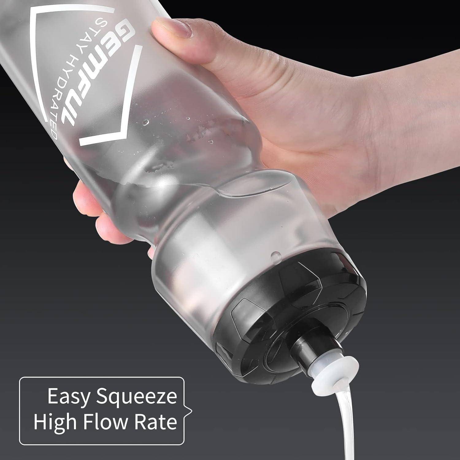 Eine Hand, die eine transparente Wasserflasche mit der Aufschrift „GEMFUL