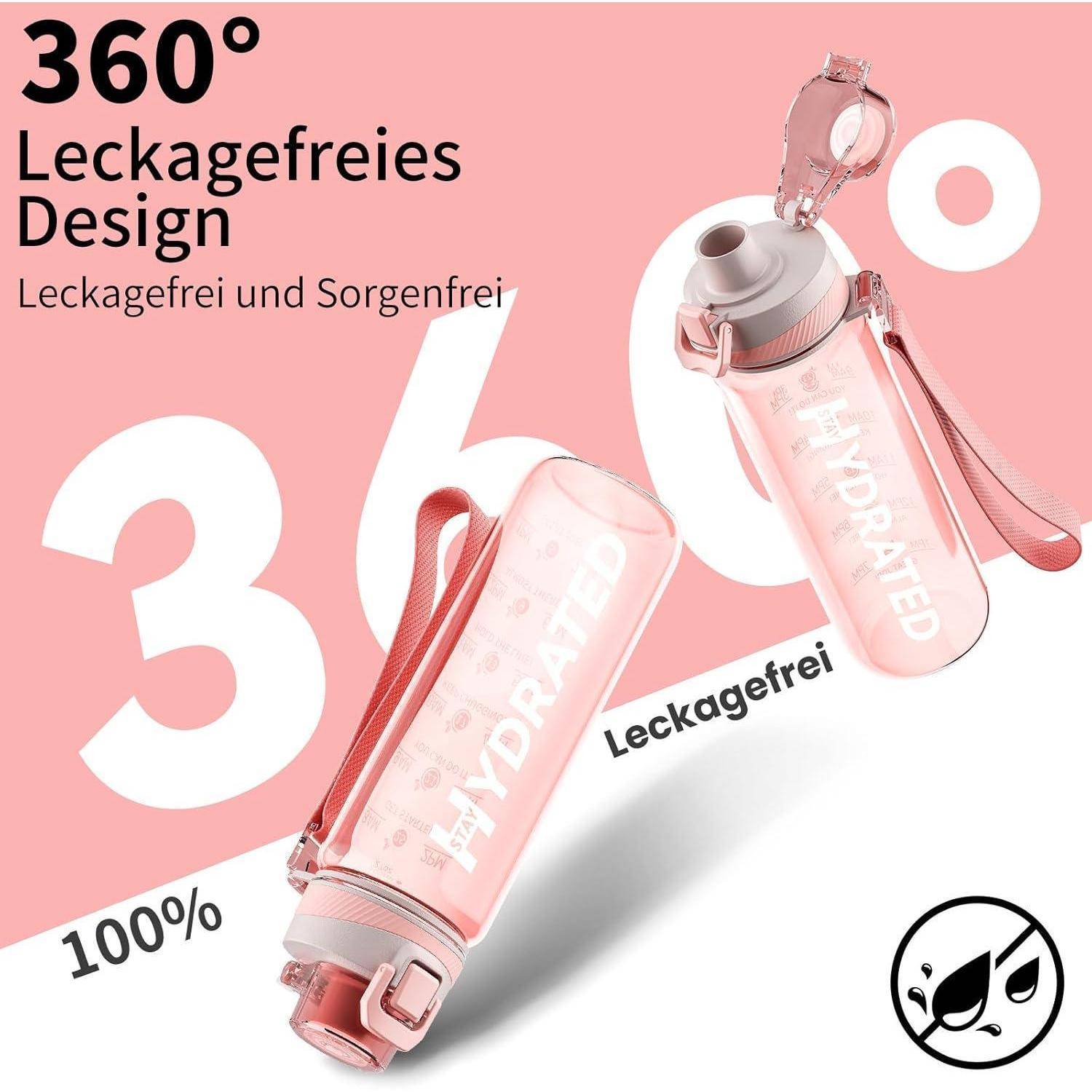 Rosa Wasserflasche mit 'Stay Hydrated' Schriftzug, ausgestattet mit einer 360° auslaufsicheren Konstruktion. Inklusive Trageriemen. Deutscher Text: 'Leckagefrei und Sorgenfrei.