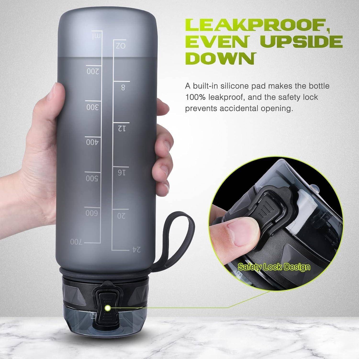 Graue Wasserflasche wird in der Hand gehalten, mit Messskalen versehen. Text lautet: „Auslaufsicher, selbst kopfüber