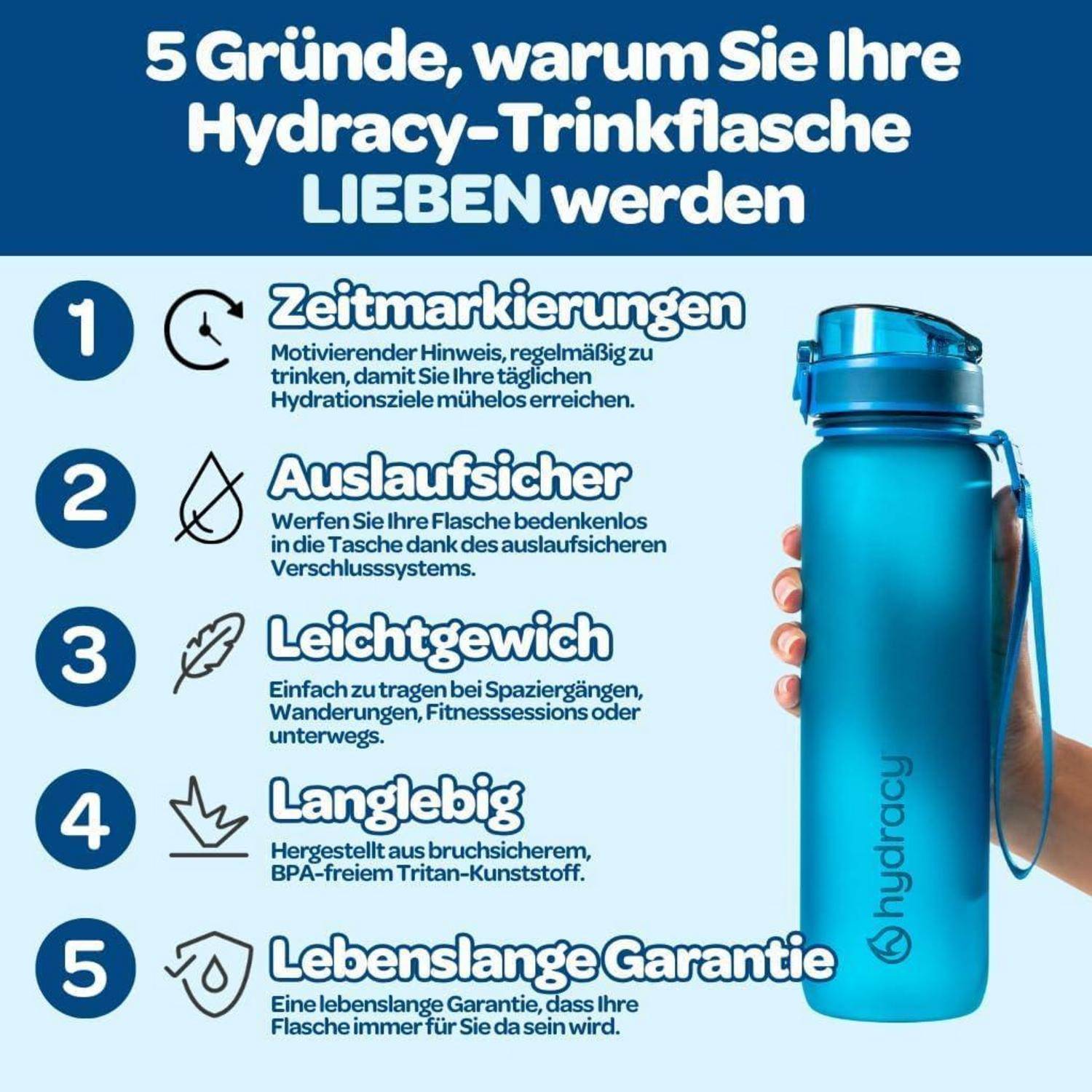 Hydracy Trinkflasche mit Strohhalm und Zeitmarkierung - 1L Wasserflasche - BPA-freie Trinkflasche - Auslaufsichere Sportflasche - Kondensationsfrei