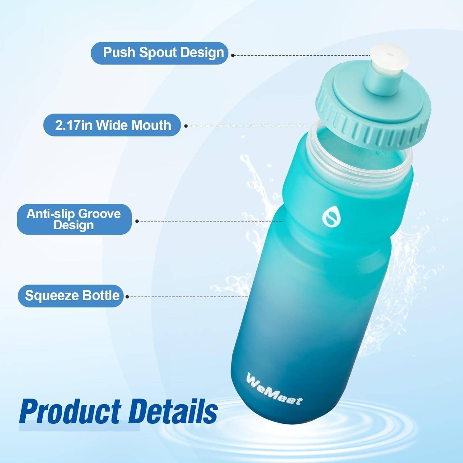 WeMeet Quetschflasche mit 'Push-Ausguss-Design' und 'Rutschfester Rillen-Design'. Verfügt über eine '2,17 Zoll breite Öffnung'. Blaue Farbe mit Wasserspritzhintergrund.