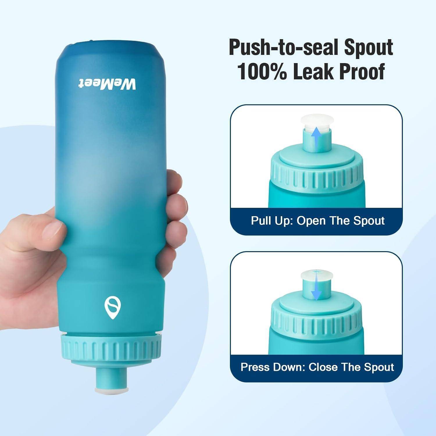 Eine handliche blaue Wasserflasche mit dem Text 