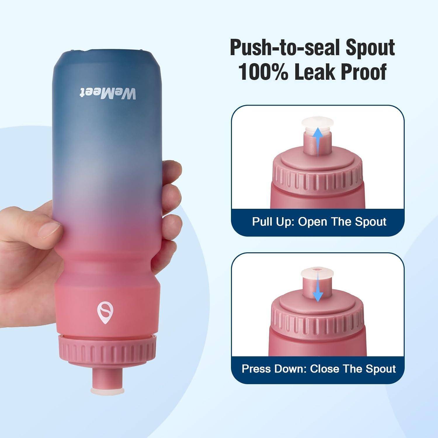 Eine Hand, die eine zusammenklappbare Wasserflasche mit Verlaufsdesign hält. Text erklärt deren Drück-zum-Verschließen-Ausguss: „100% auslaufsicher