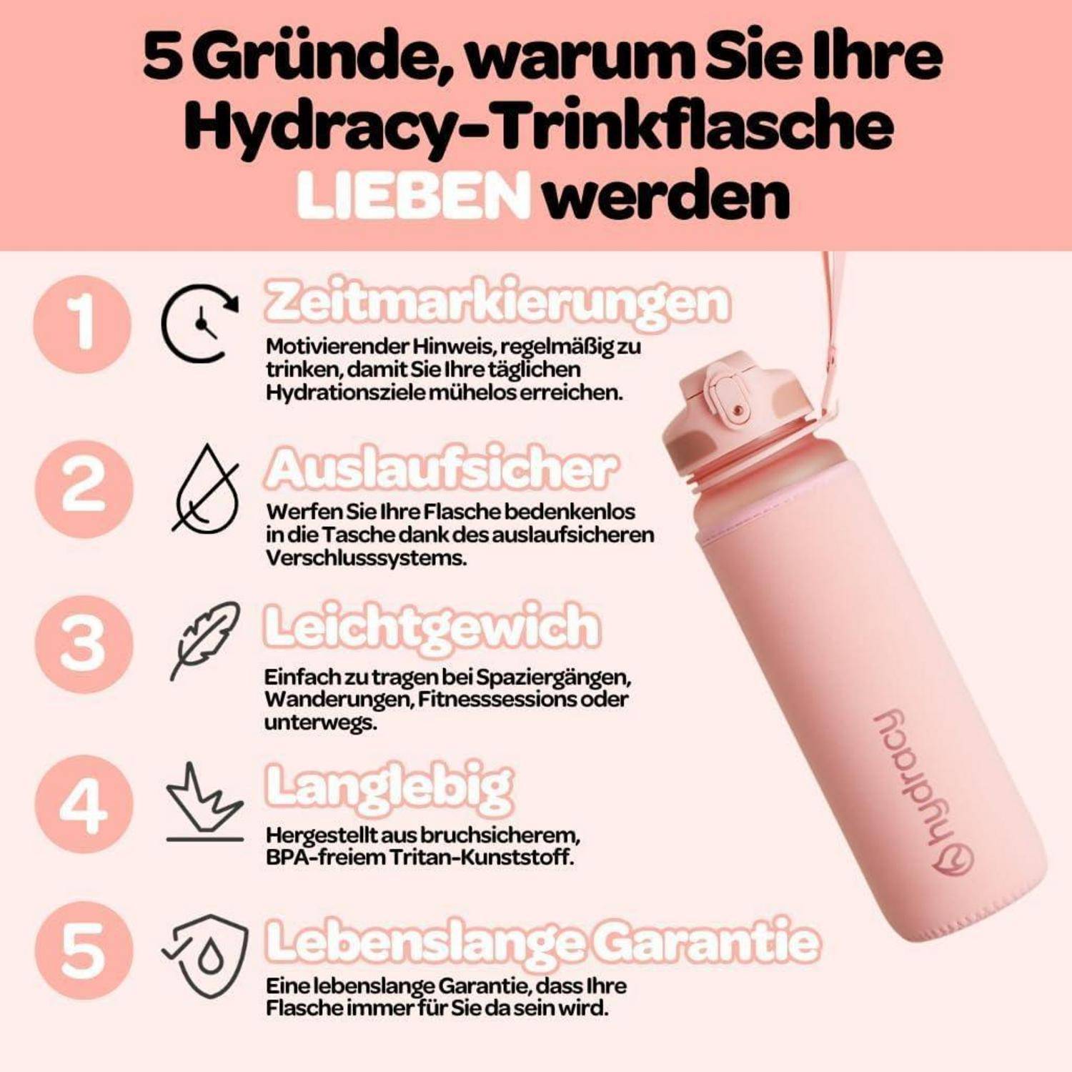 Trinkflasche Fruchteinsatz BPAfrei 1L - Schnelltrink Rosa Gold