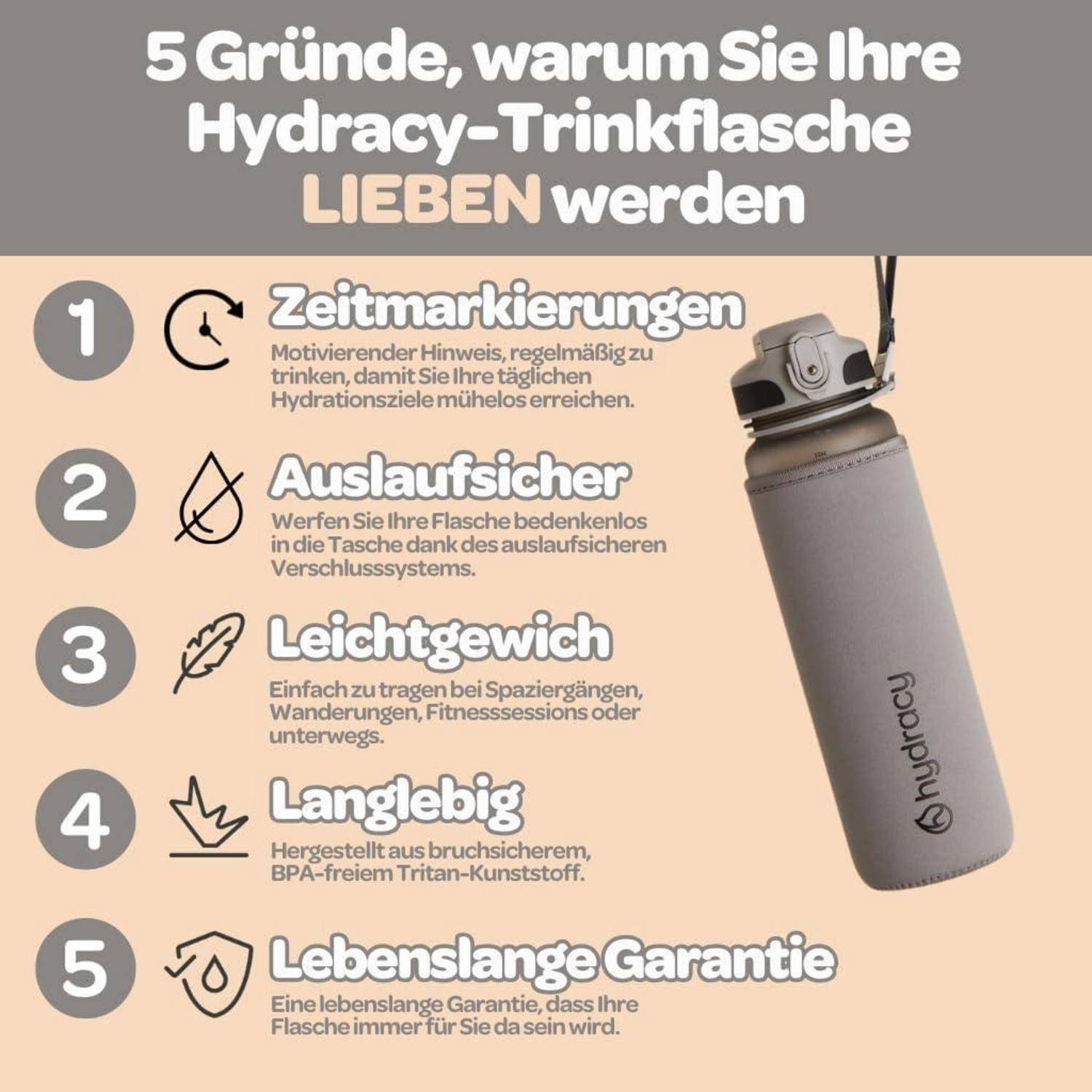 Trinkflasche Fruchteinsatz BPAfrei 1L Schnelltrink Silbergrau