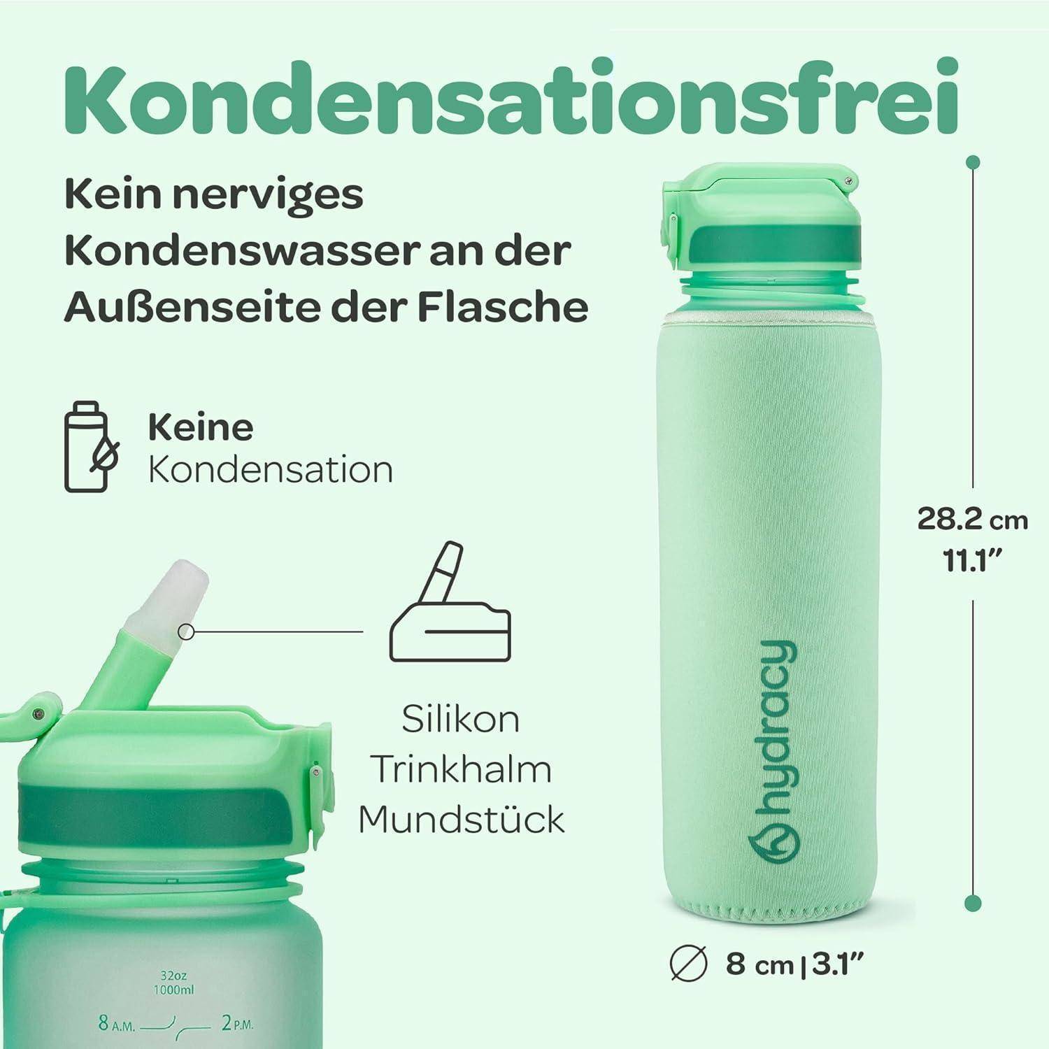 Grüne Wasserflasche mit Silikonmundstück und Griff. Texthervorhebungen betonen die 'Kondensationsfrei'-Eigenschaft und Abmessungen: 28,2 cm Höhe, 8 cm Durchmesser.