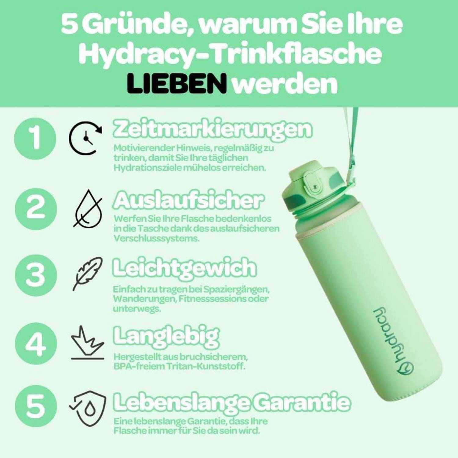 Bild einer grünen Hydracy-Flasche mit Text, der fünf Vorteile detailliert: Zeitmarkierungen, kein Auslaufen, leichtgewichtig, unzerbrechlich und lebenslange Garantie.