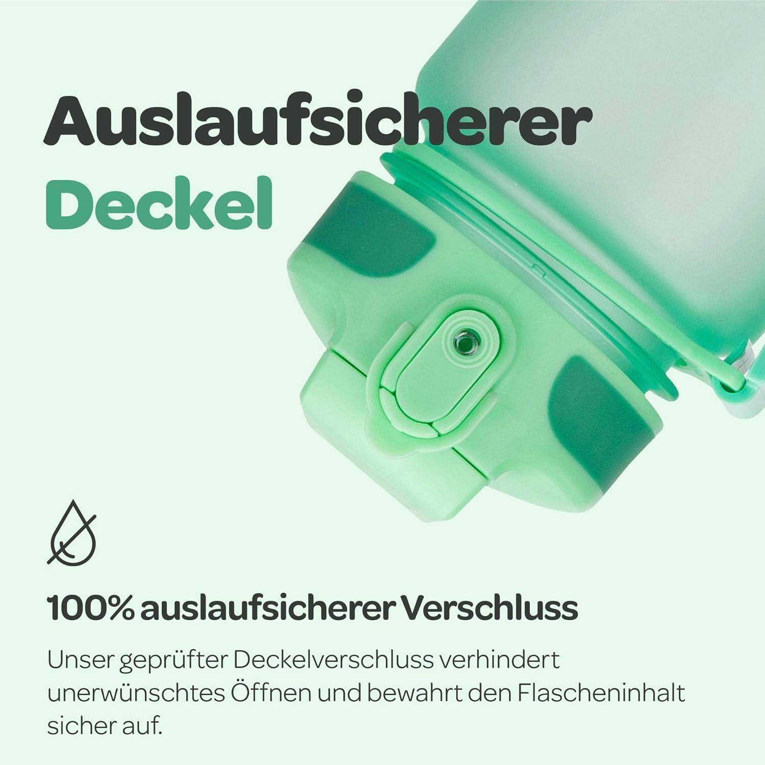 Auslaufsicherer Deckel mit grünem Verschluss; Text auf Deutsch betont eine sichere Versiegelung, die den Inhalt der Flasche zuverlässig verschließt.