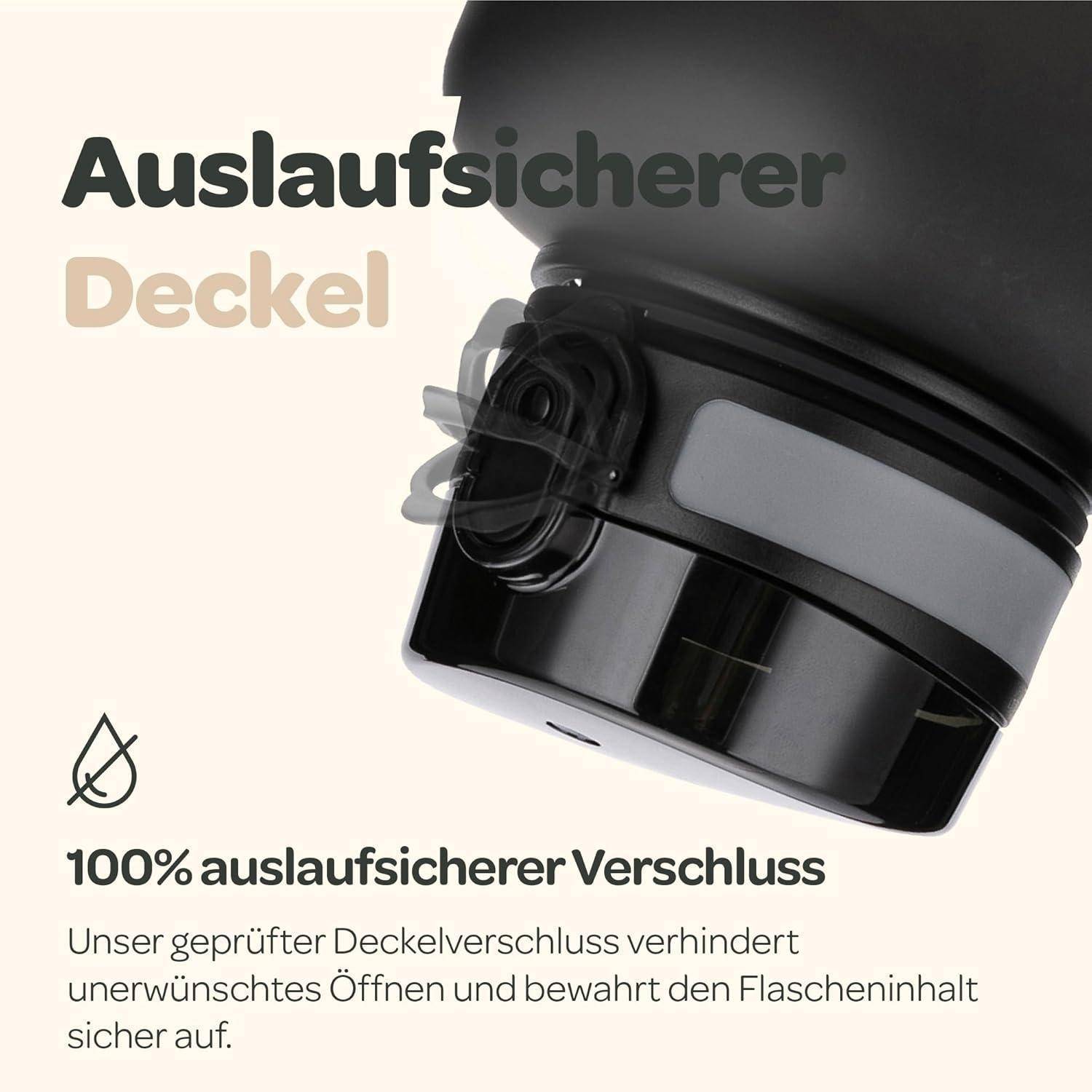 Nahaufnahme eines Flaschendeckels mit deutschem Text 'Auslaufsicherer Deckel', der eine sichere Abdichtung betont.