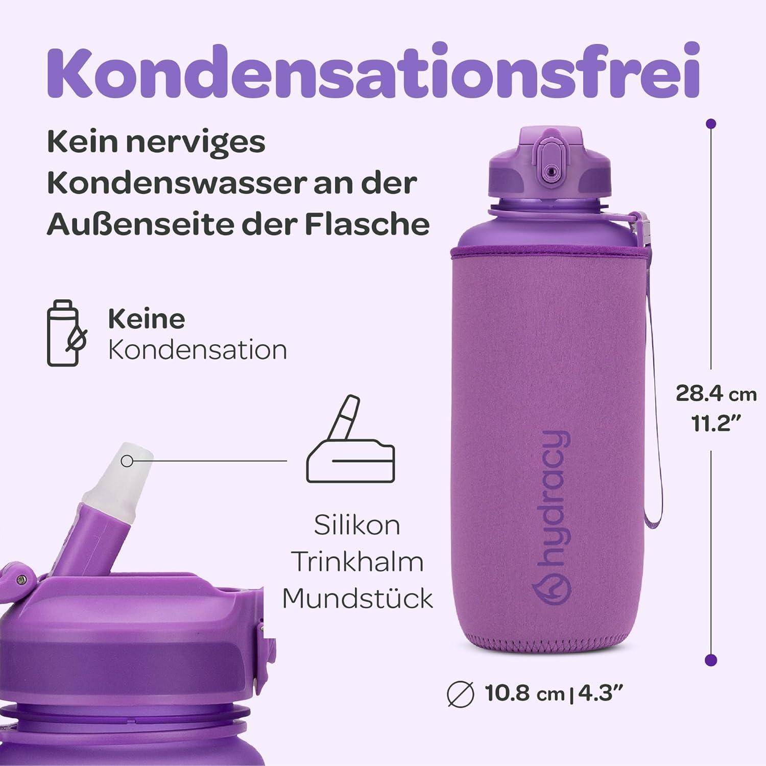 Lila isolierte Wasserflasche mit einem Silikonstrohdeckel, beschriftet mit 'Kondensationsfrei' und 'Kein nerviges Kondenswasser an der Außenseite der Flasche.