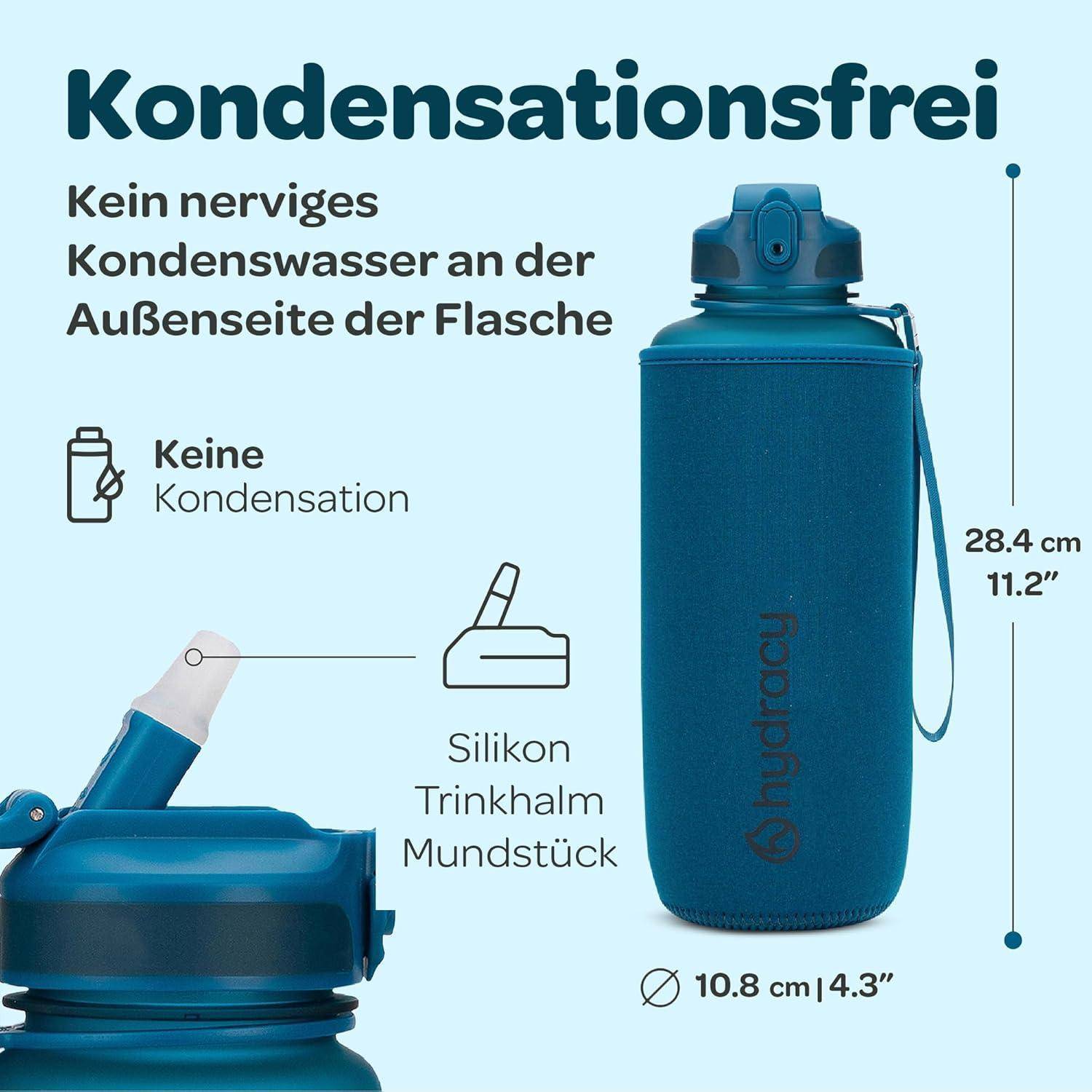 Blaue wiederverwendbare Flasche mit Text 'Kondensationsfrei, Keine Kondensation'. Merkmale umfassen ein Silikonmundstück und Abmessungen: 28,4 cm Höhe, 10,8 cm Durchmesser.