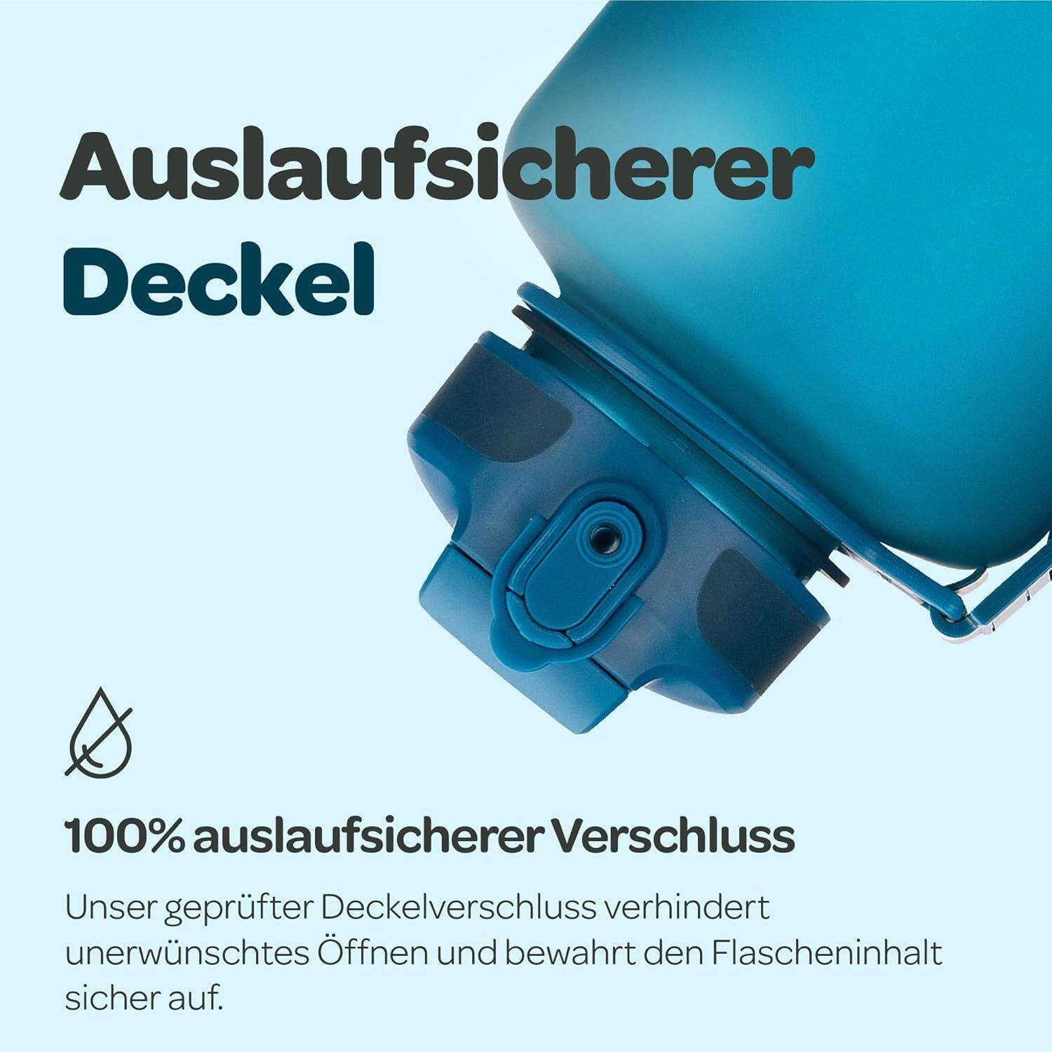 Eine isolierte Wasserflasche mit einem Deckel, der mit ‚Auslaufsicherer Deckel' beschriftet ist, wird gezeigt, wobei das auslaufsichere Design betont wird. Ein Tropfensymbol ist vorhanden.
