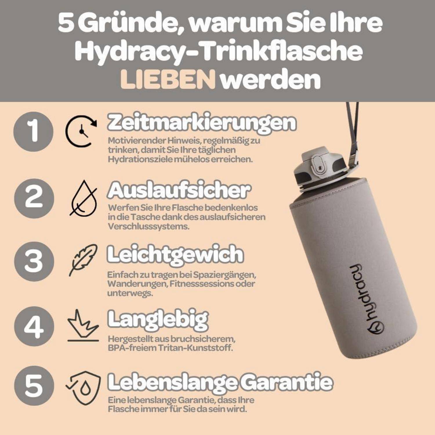 Trinkflasche Auslaufsicher BPAfrei 2L Strohhalm Silbergrau