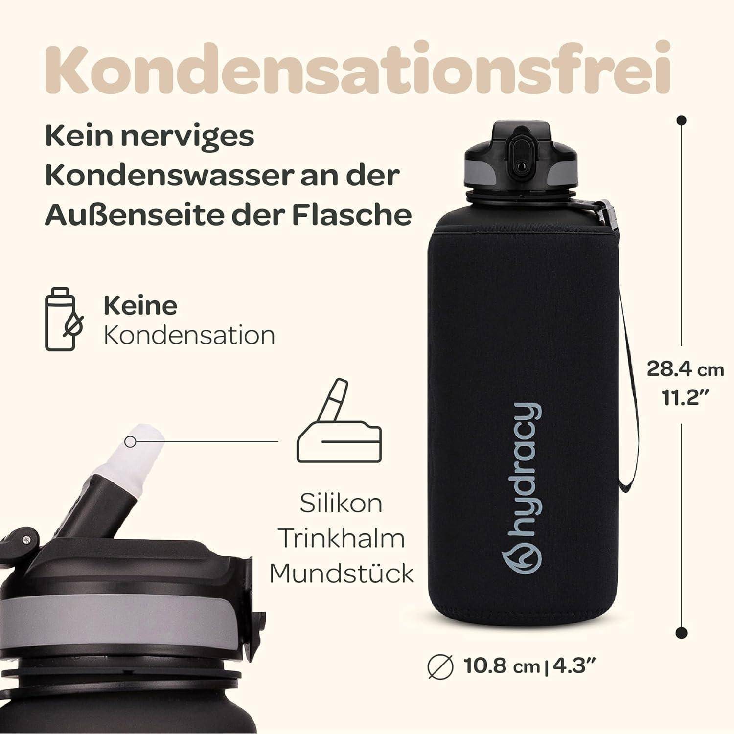 Wasserflasche mit Silikonstrohhalm mit kondenswasserfreiem Design. Abmessungen: 28,4 cm Höhe, 10,8 cm Durchmesser. Text betont, dass keine Kondenswasserbildung an der Außenseite auftritt.