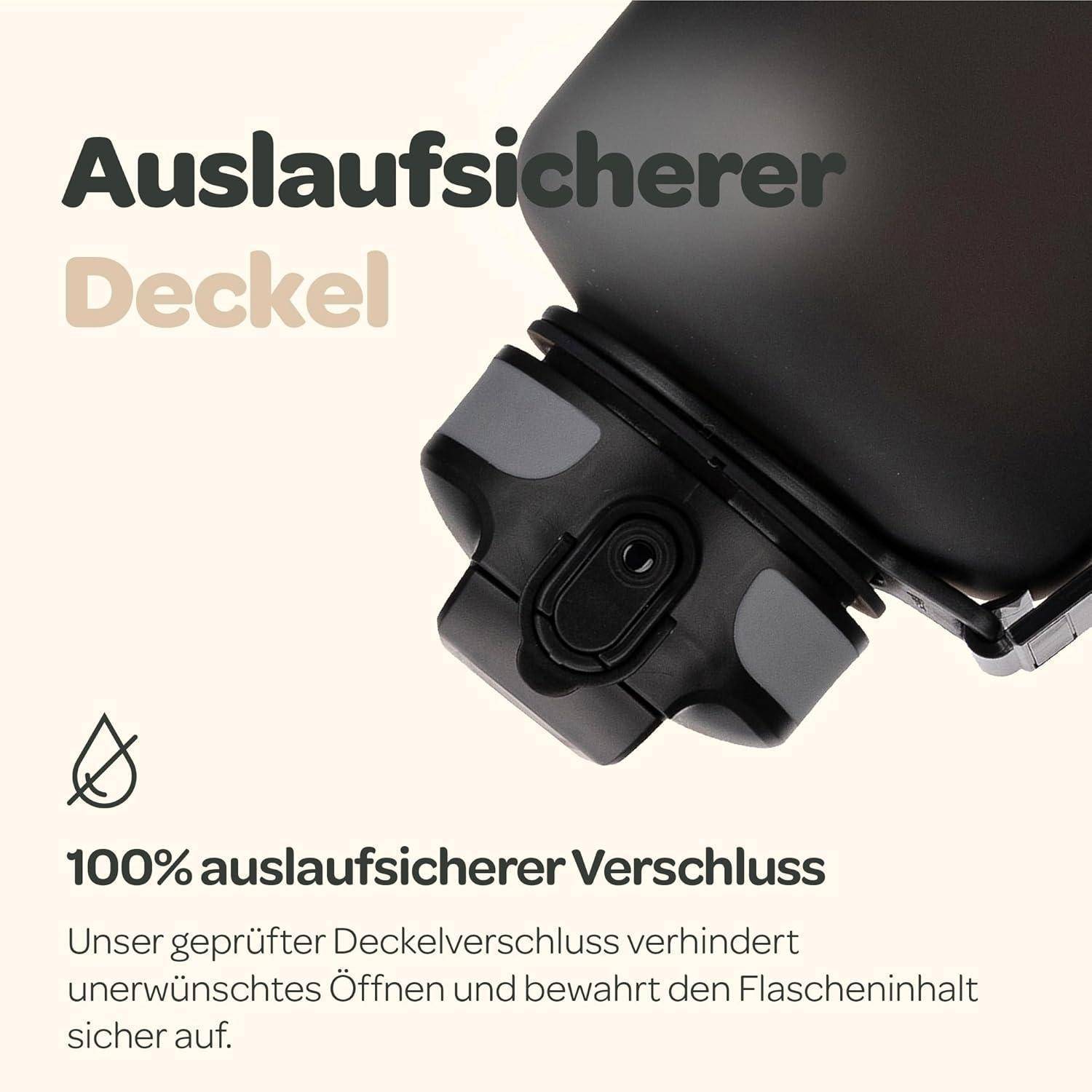 Eine schwarze, auslaufsichere Flaschenverschluss wird detailliert dargestellt. Der deutsche Text lautet „Auslaufsicherer Deckel