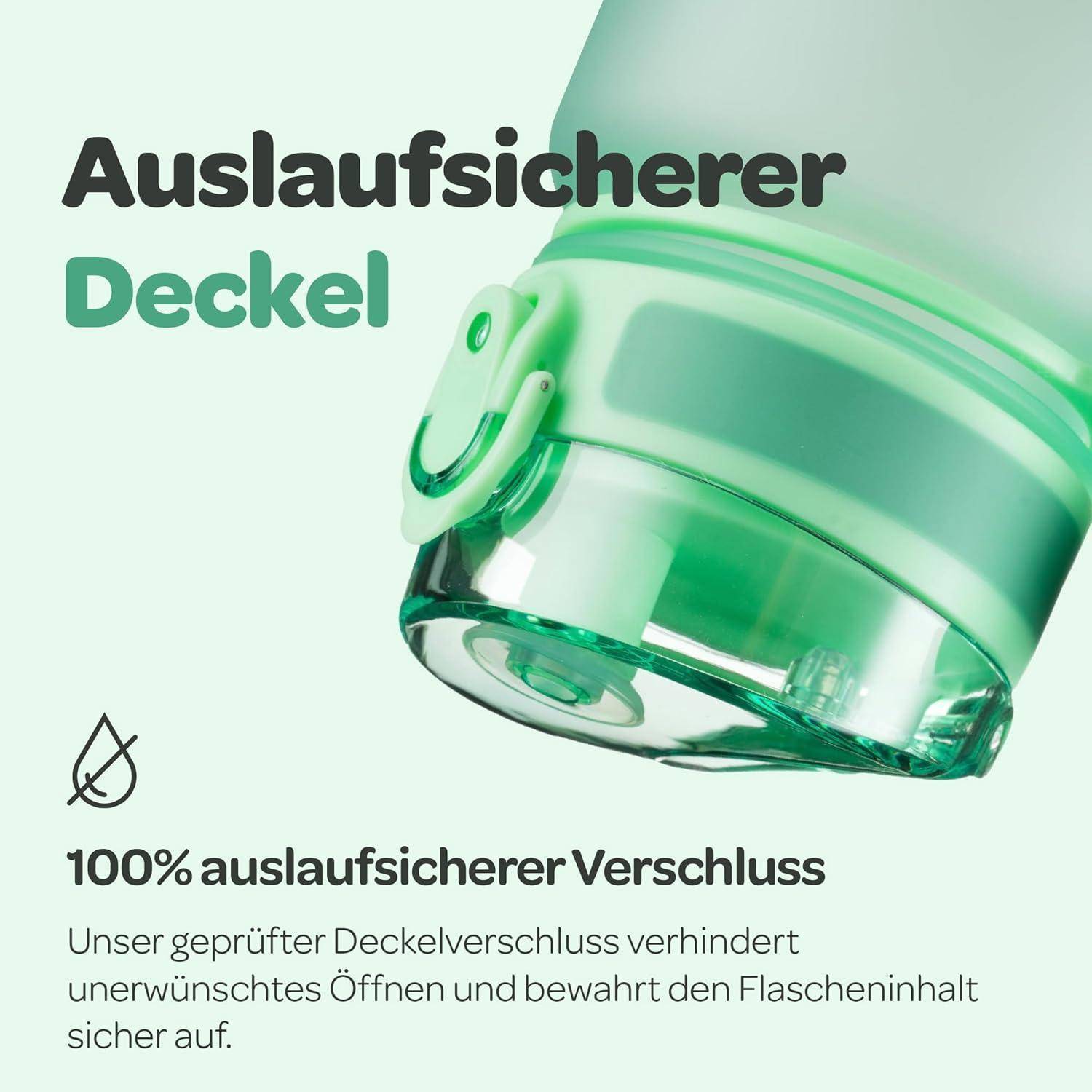Ein grüner Deckel einer Wasserflasche, präsentiert neben deutschem Text, der seine auslaufsichere Eigenschaft bewirbt. Darunter Text, der seine getestete Sicherheit betont.