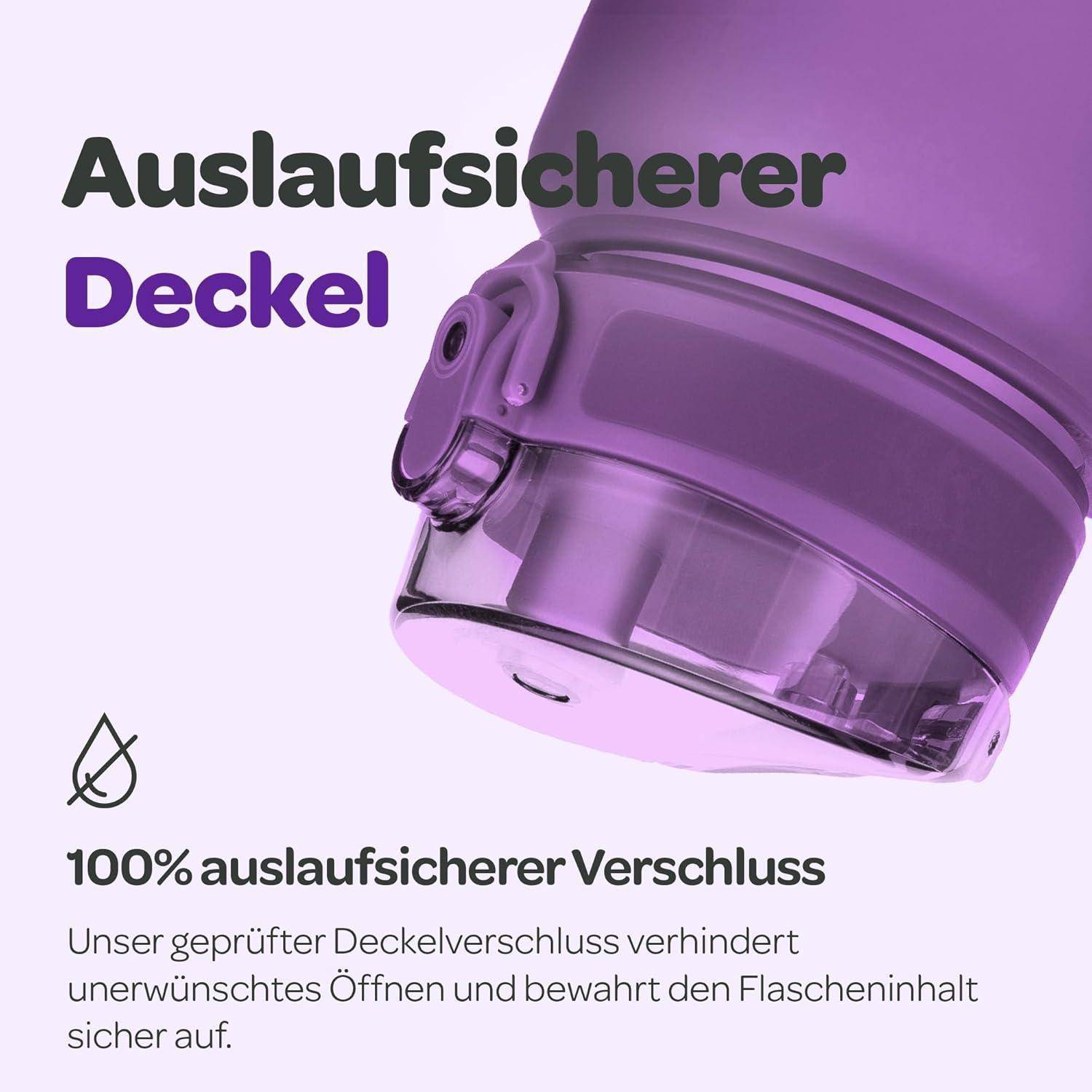 Auslaufsicherer Deckel; lila Deckel mit sicherem Verschlussmechanismus, der ein unbeabsichtigtes Öffnen verhindert und den Inhalt sicher verwahrt.