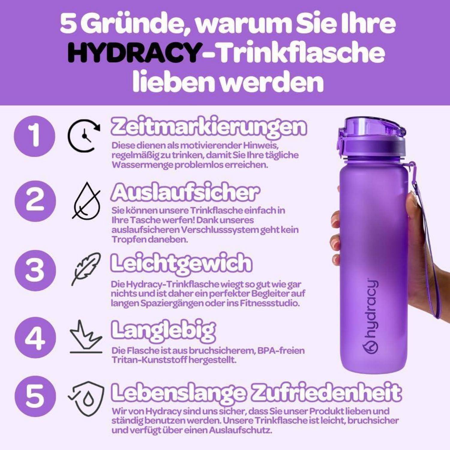 Eine violette Wasserflasche mit dem 'Hydracy' Logo wird von einer Hand gehalten. Der Text listet fünf Gründe auf, die Hydracy-Flasche zu mögen, hervorgehoben durch Symbole.