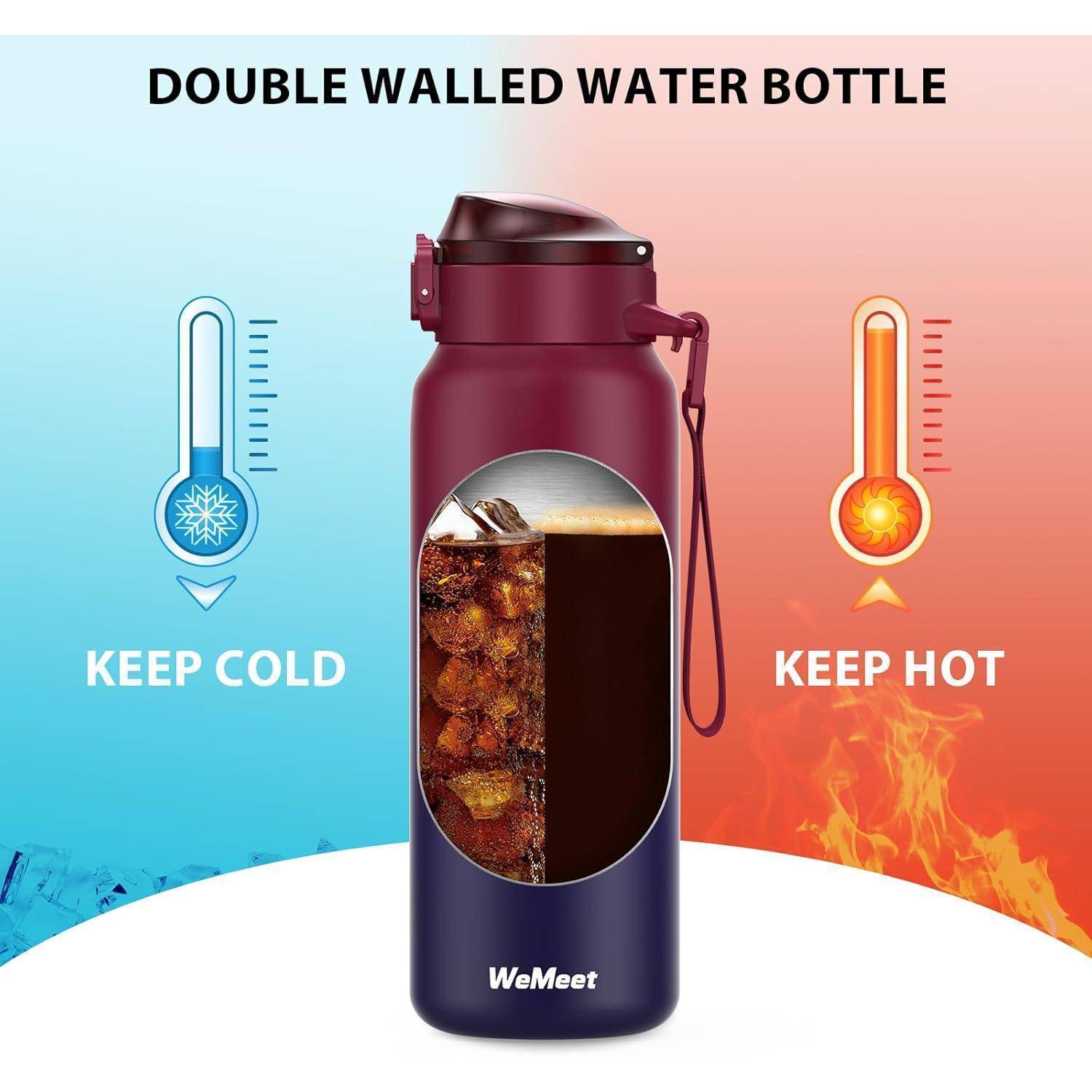 Eine rote doppelwandige Wasserflasche mit der Aufschrift 
