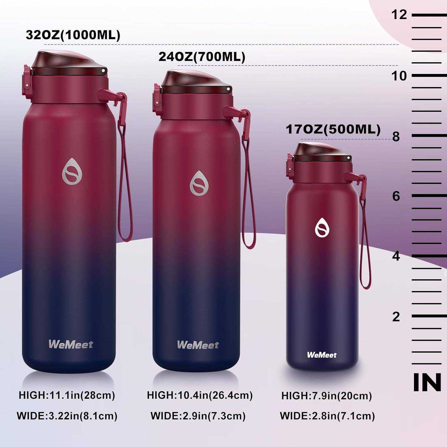 Drei Gradient-Wasserflasche mit der Aufschrift 'WeMeet' in den Größen 32 oz, 24 oz und 17 oz, mit Abmessungen und einer Höhenskala rechts daneben.