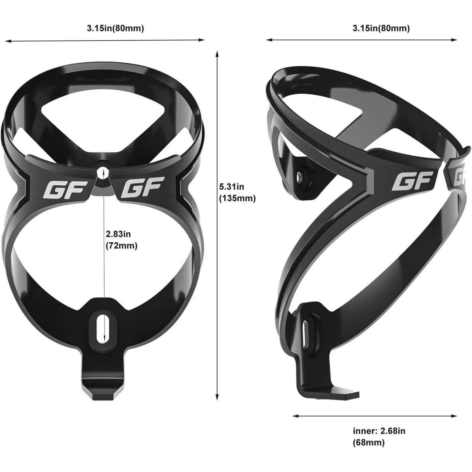 GF' markierte schwarze Fahrrad-Flaschenhalterung mit Abmessungen: Höhe 5,31 Zoll (135 mm), Breite außen 3,15 Zoll (80 mm) und innen 2,68 Zoll (68 mm).