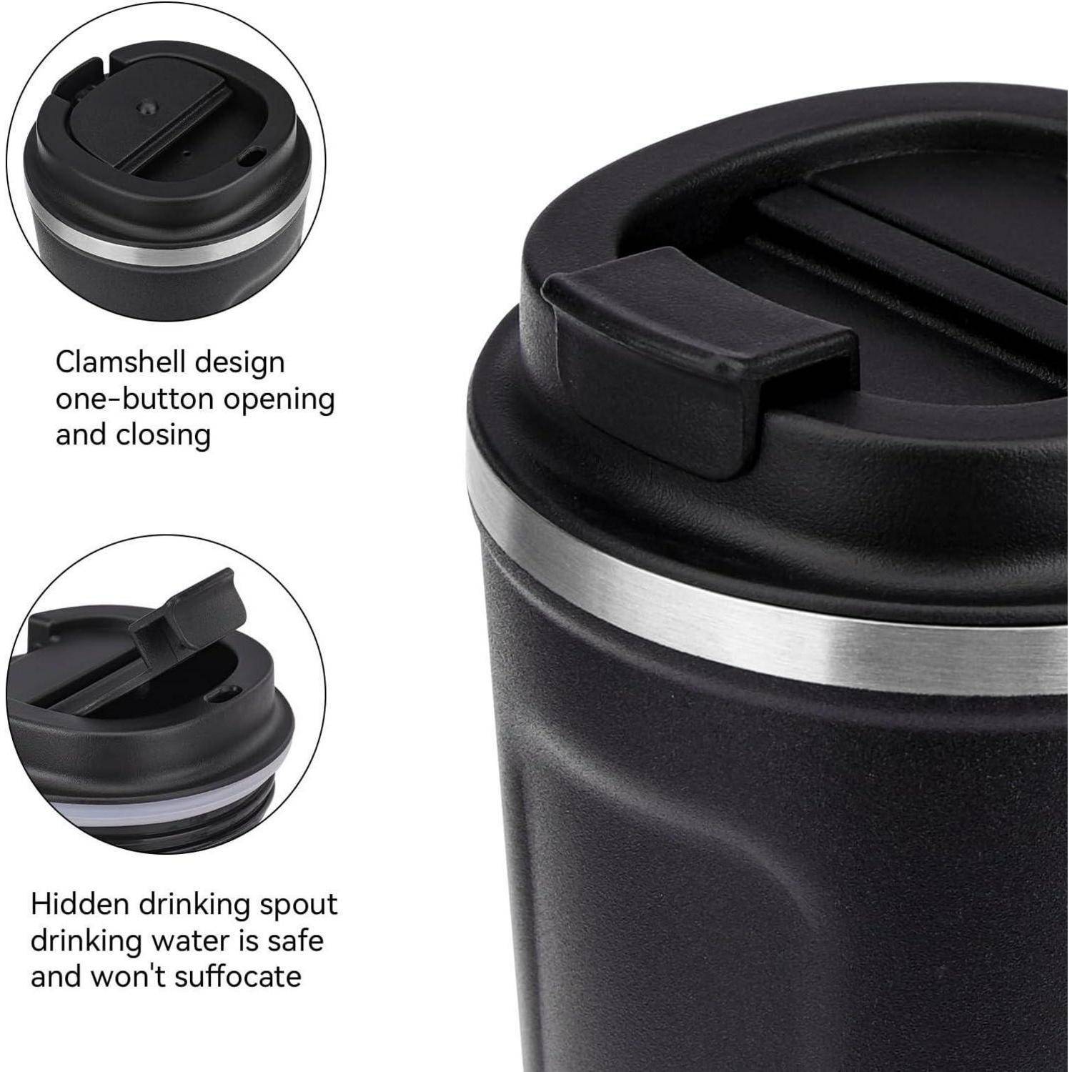 Reisebecher mit Muschelschalen-Design für einfaches Öffnen und Schließen, ausgestattet mit einer verdeckten Ausgussöffnung, die Wasser sicher und auslaufsicher hält.