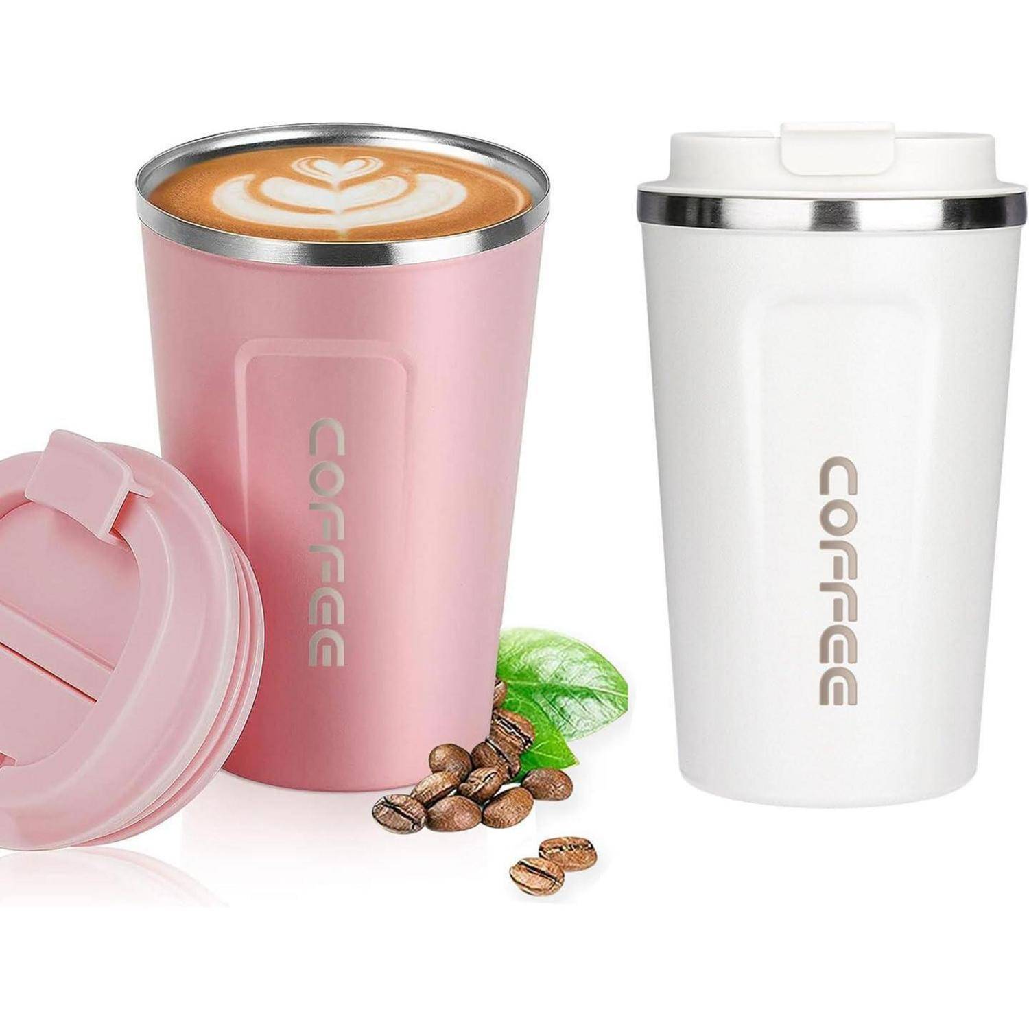 Kaffeebecher to go Thermobecher 380ml 2er Set Weiß Rosa Edelstahl