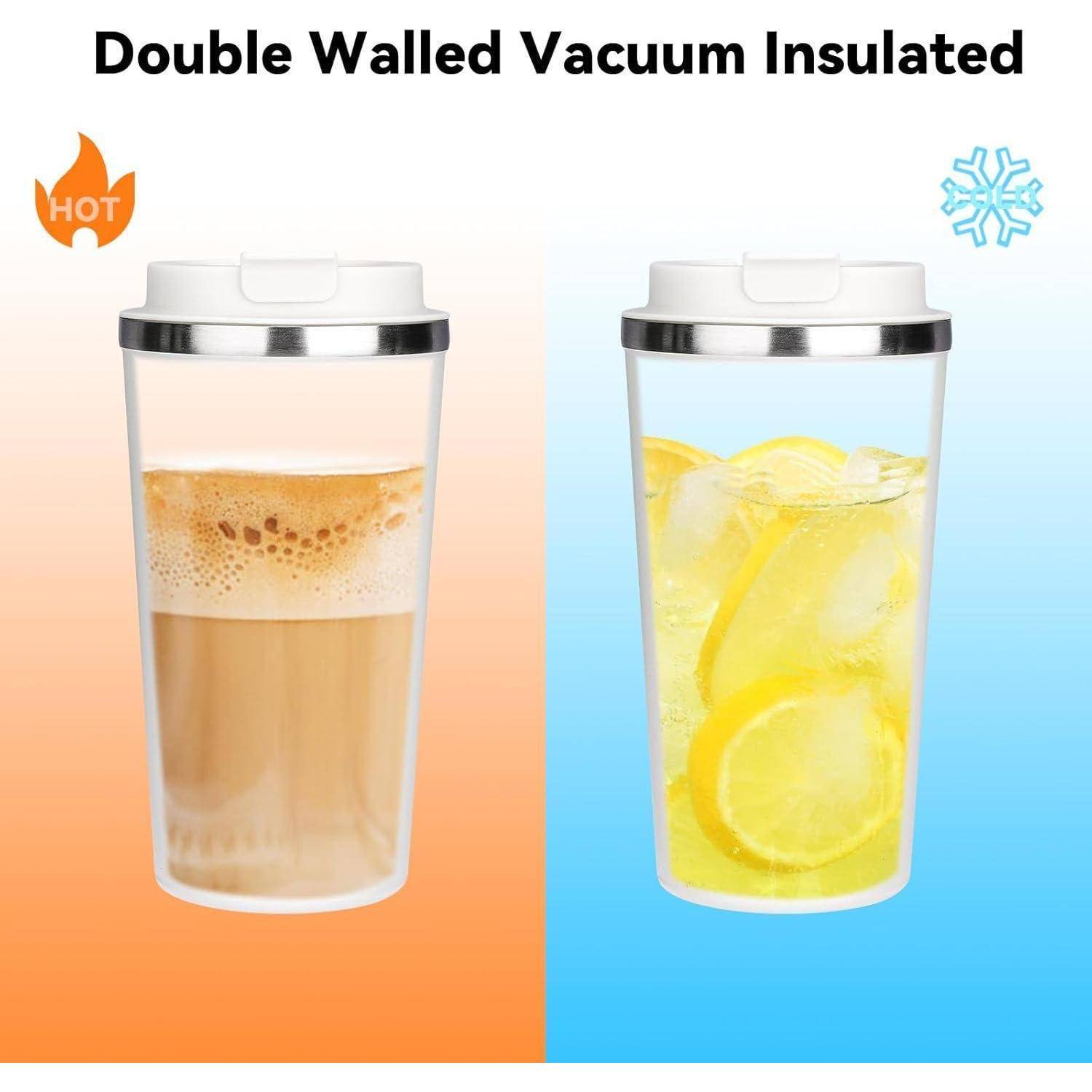 Doppelwandiger, vakuumisolierter Becher, der auf der linken Seite heißen Kaffee und auf der rechten Seite eiskaltes Zitronenwasser zeigt und damit die Temperaturerhaltung veranschaulicht.