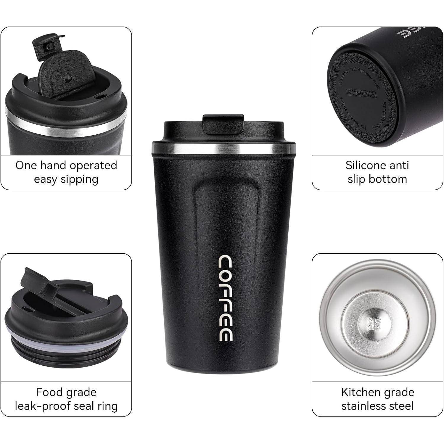 Eine schwarze isolierte Reisekaffeetasse mit der Aufschrift 