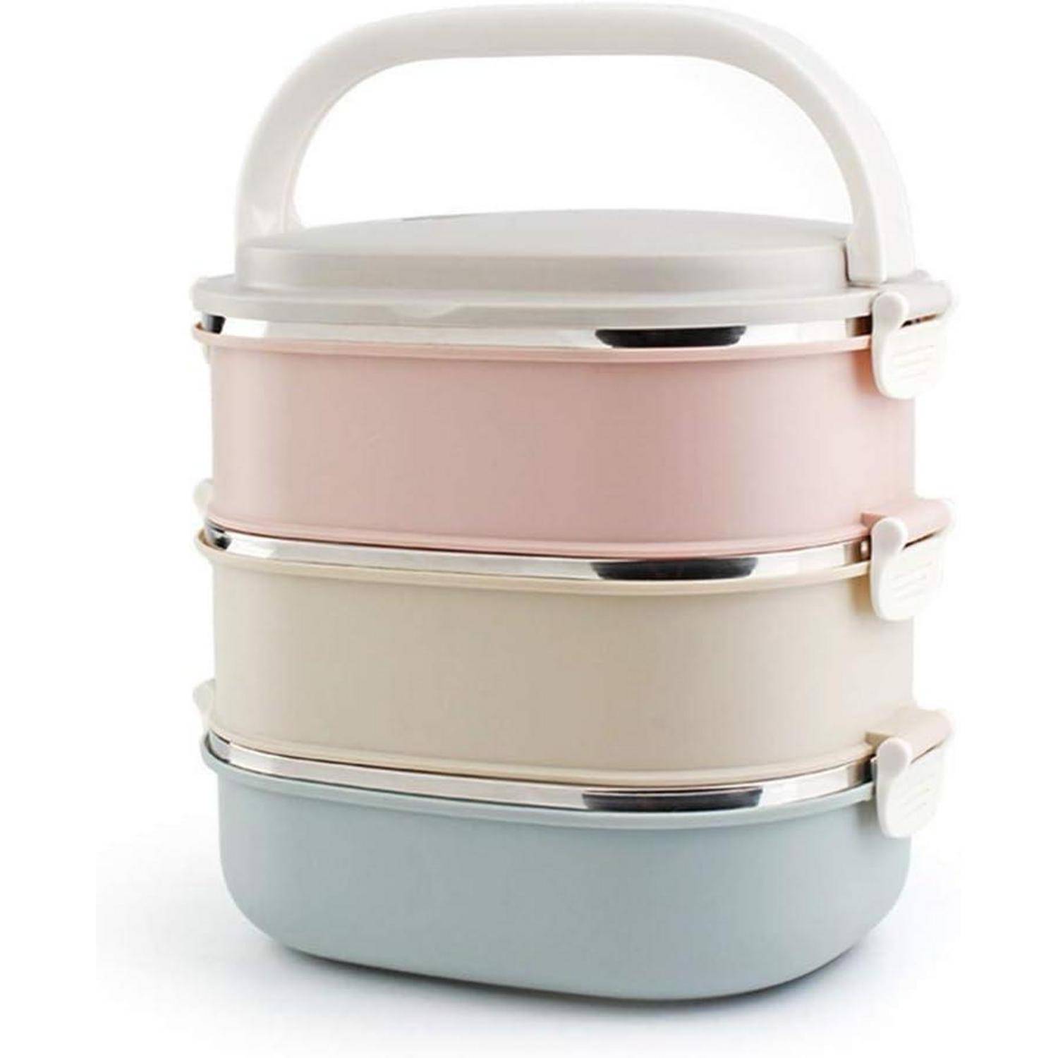 Drei gestapelte Lunchboxen in Pastellfarben mit einem Griff oben, mit rosa, cremefarbenen und blauen Ebenen, die durch seitliche Verschlüsse gesichert sind.