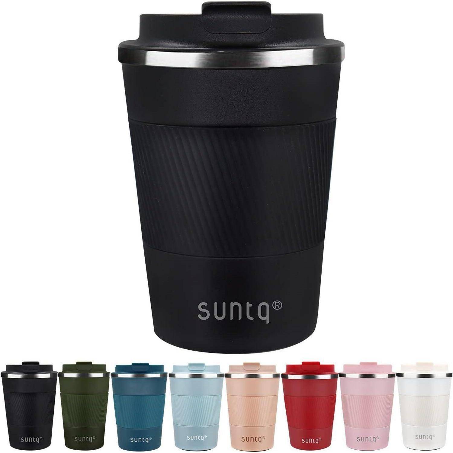 Schwarze Reisebecher mit dem Markenlogo von 'suntq'. Darunter befinden sich kleinere Becher in verschiedenen Farben, die die verfügbare Auswahl präsentieren.