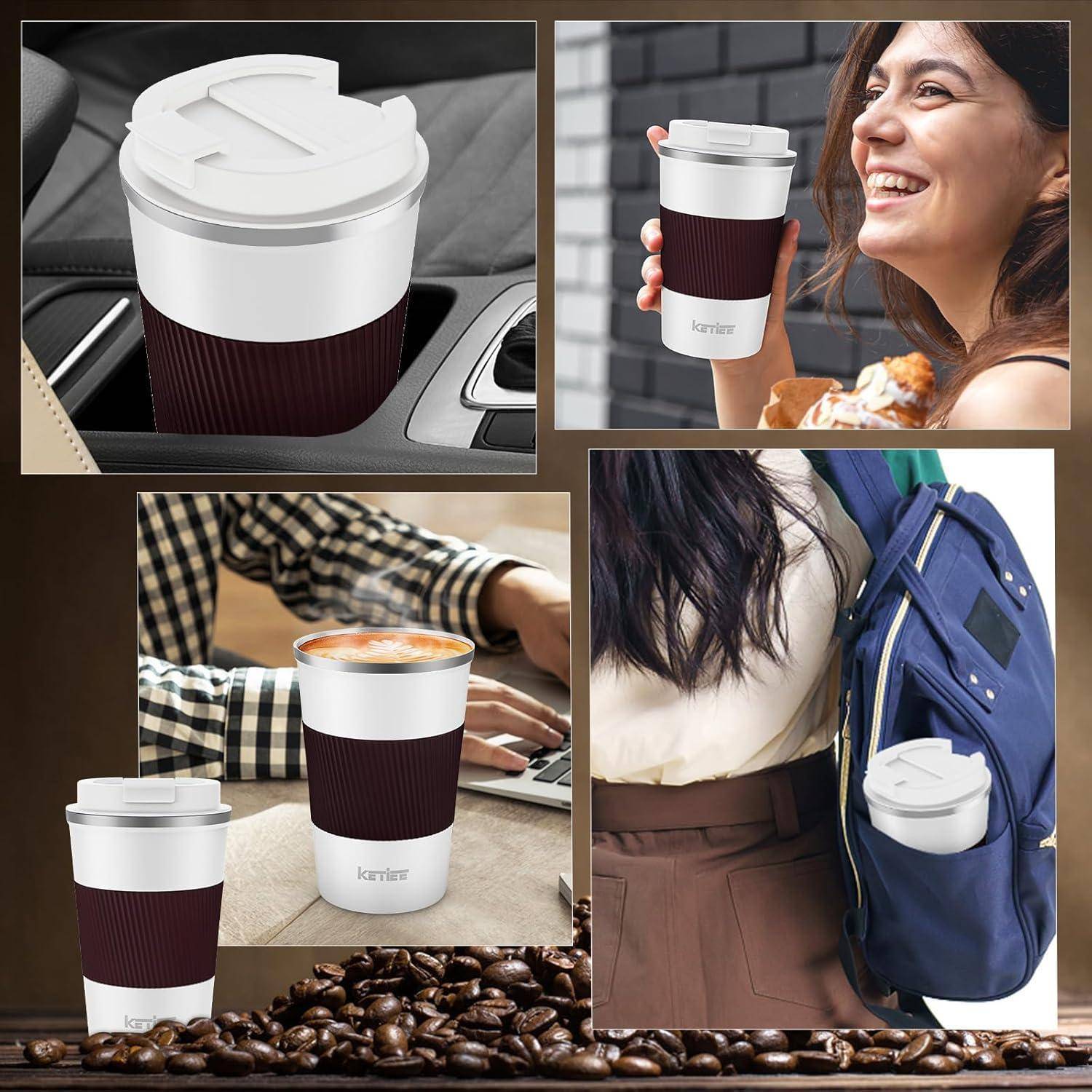 Ein Verbundbildnis wiederverwendbarer Kaffeebecher in verschiedenen Umgebungen: in einem Autogetränkehalter, von einer lächelnden Frau gehalten, auf einem Schreibtisch und in einer Rucksacktasche.