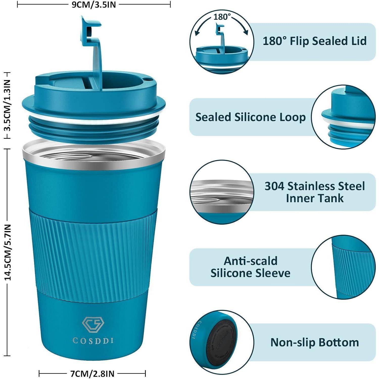 Blauer isolierter Thermosbecher mit 180°-Klappdeckel, versiegelter Silikonschlaufe, Innenseite aus 304 Edelstahl, Verbrühungsschutz-Manschette und rutschfestem Boden.