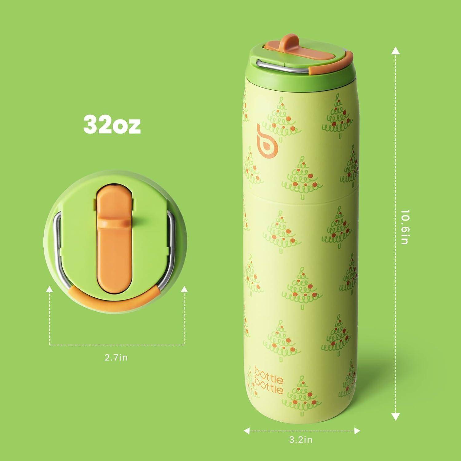 Grüne isolierte Wasserflasche mit Fruchtmuster, gekennzeichnet mit '32oz', zeigt Abmessungen: 10,6 Zoll hoch, 3,2 Zoll breit; Deckelduchmesser 2,7 Zoll.