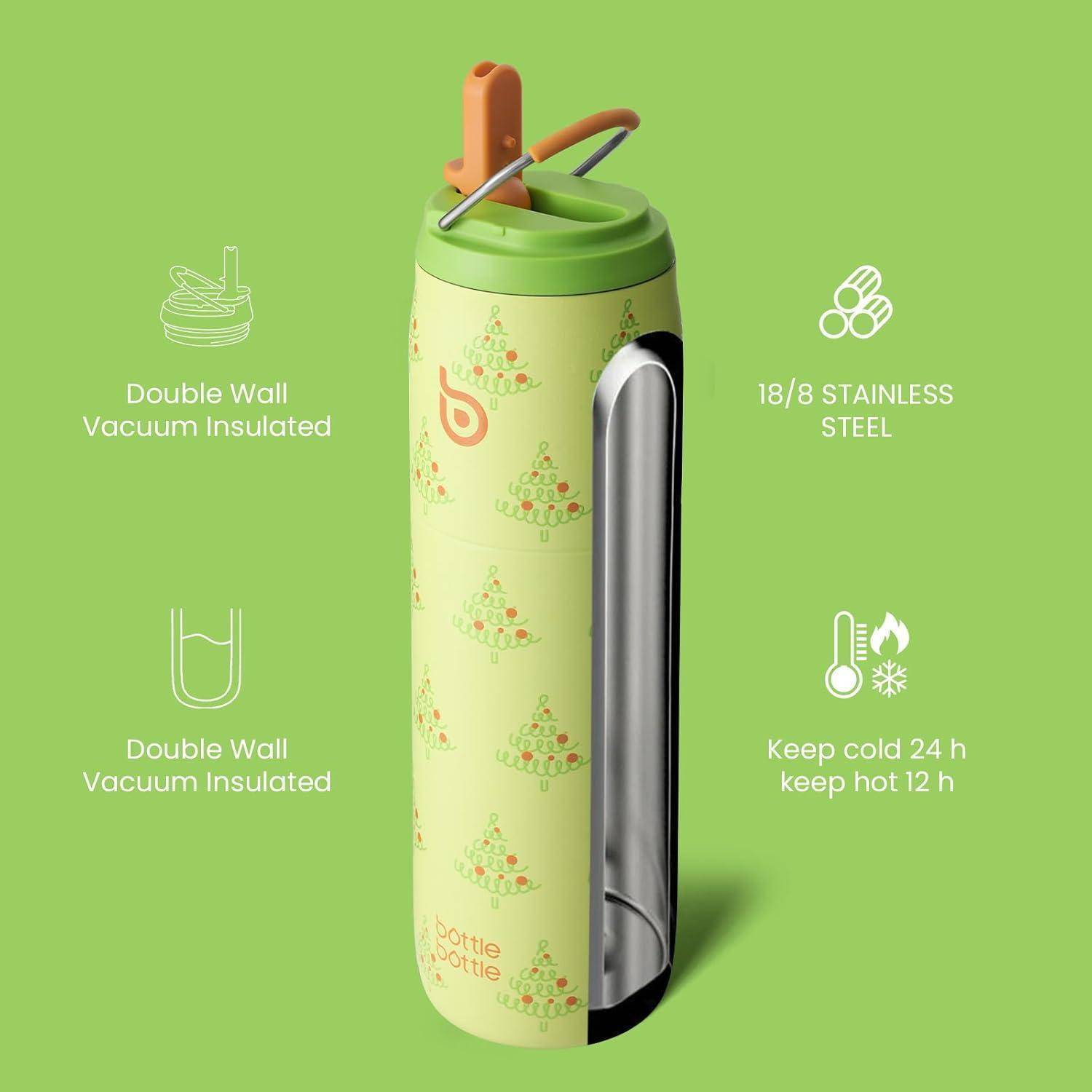 Eine grüne isolierte Wasserflasche mit Grafiken, ausgestattet mit einem orangefarbenen Deckel und Griff. Der Text hebt die Doppelwandisolierung und das Edelstahlmaterial hervor.