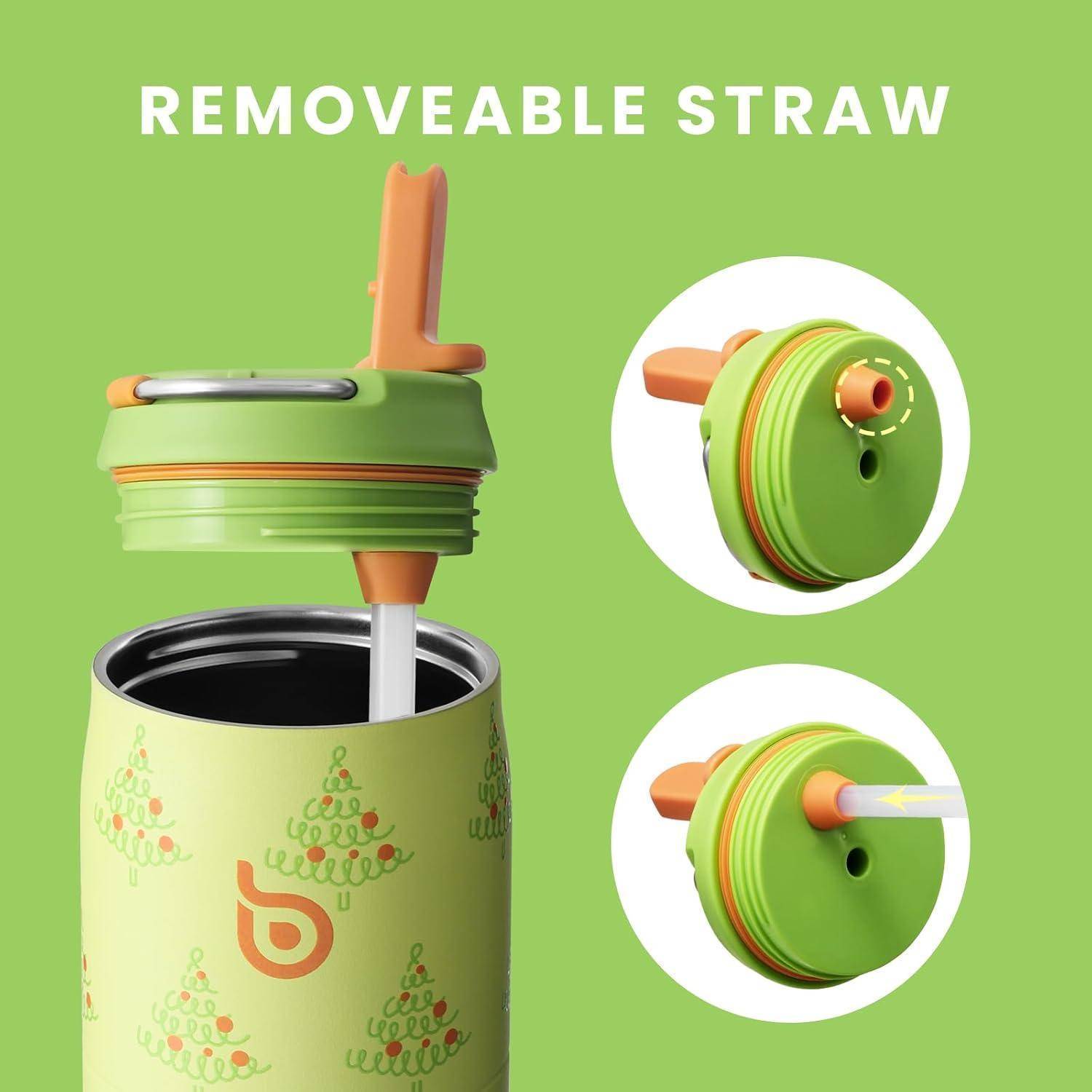 Grüne Wasserflasche mit festlichem Design, die eine abnehmbare Strohhalm-Funktion zeigt. Enthält Detailaufnahmen des Strohhalm-Mechanismus.