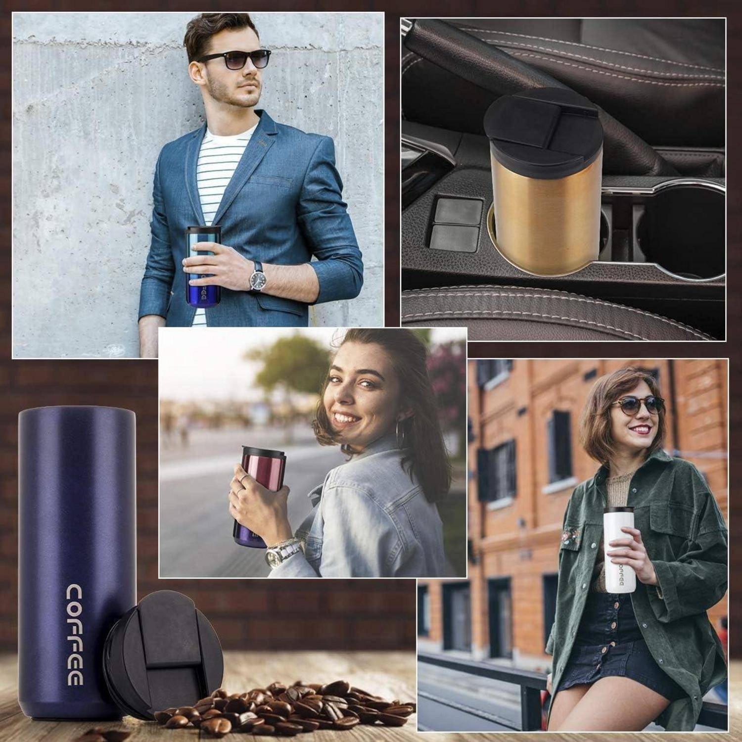 Menschen, die Kaffee in Reisebecher in verschiedenen Umgebungen genießen. Das Hauptmotiv ist eine Person in einem blauen Anzug, die einen Becher hält. Andere Szenen zeigen Auto- und Straßenkontexte.