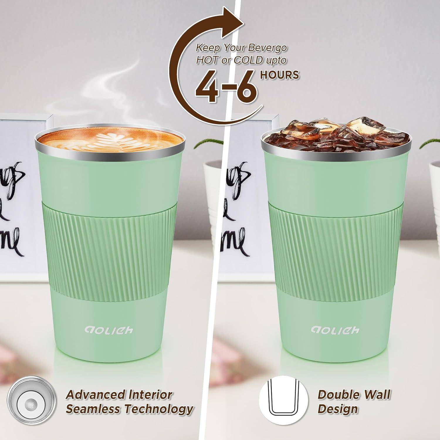 Grüne isolierte Tasse, die Getränke bis zu 4-6 Stunden lang warm oder kalt hält. Ausgestattet mit nahtloser Technologie und Doppelwanddesign.