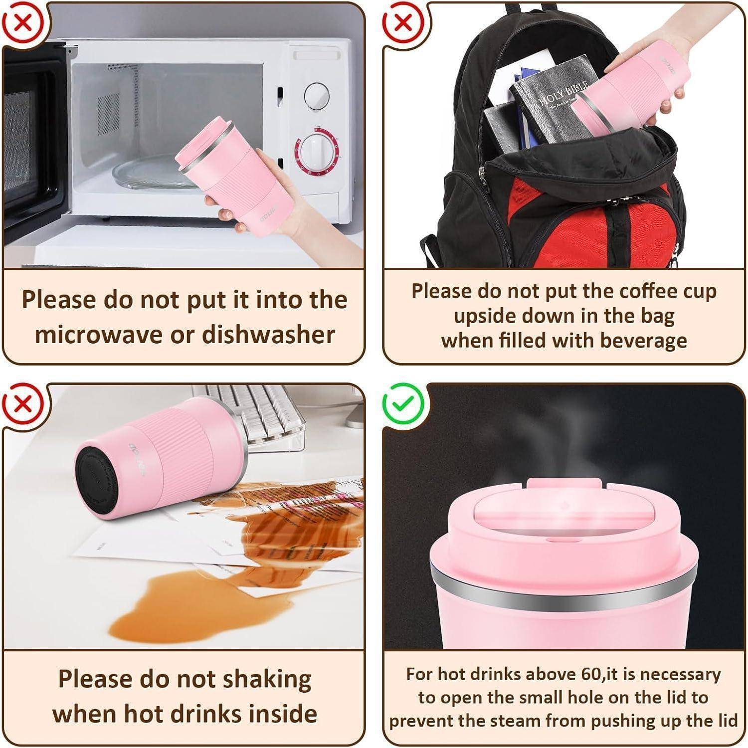 Vier Bilder mit Tipps zur Verwendung von Kaffeetassen. Oben links: Keine Mikrowelle/Geschirrspüler. Oben rechts: Nicht kopfüber in der Tasche. Unten links: Nicht schütteln. Unten rechts: Offenes Loch über 60°C.